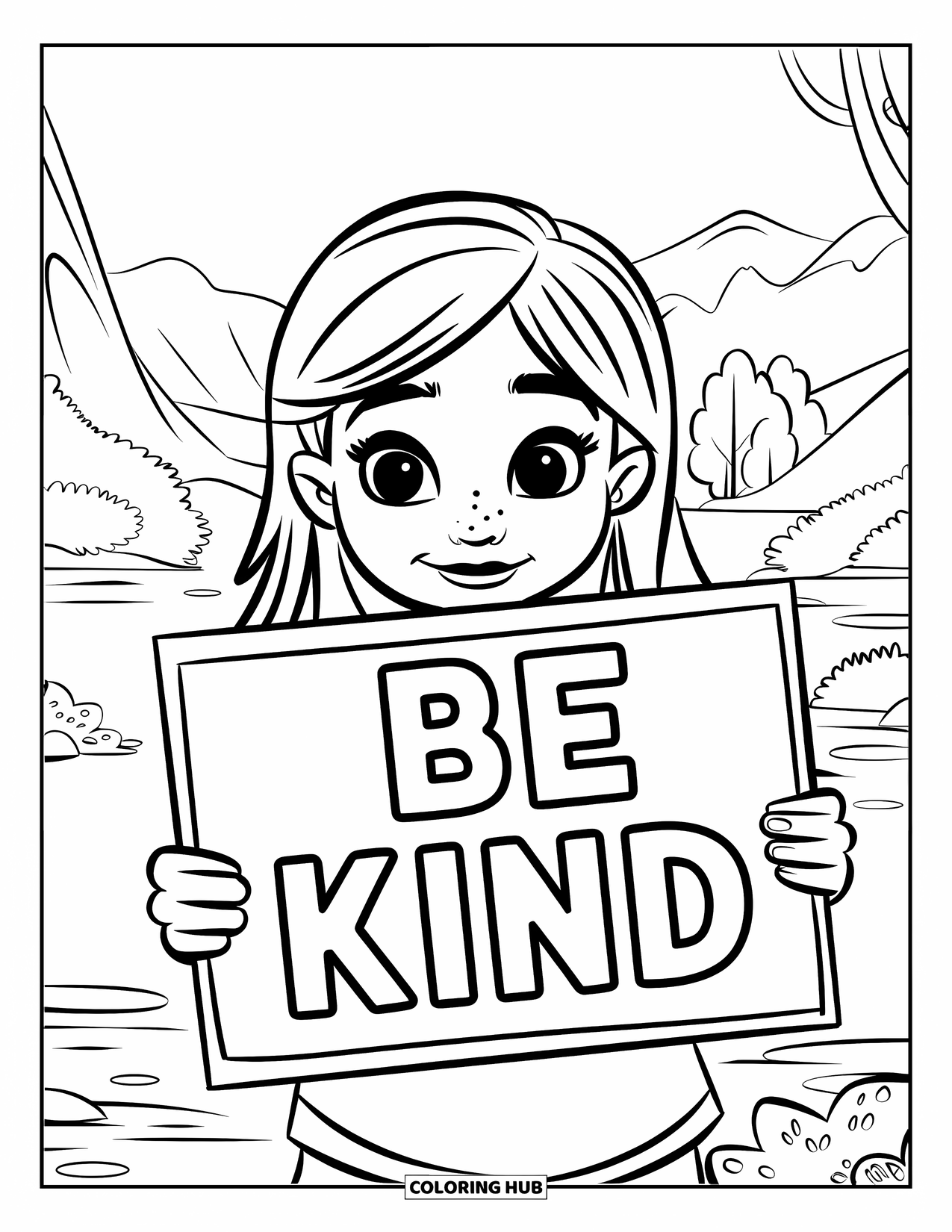 Respect Coloring Page for Kids: A smiling child holding a "Be Kind" sign in a peaceful setting