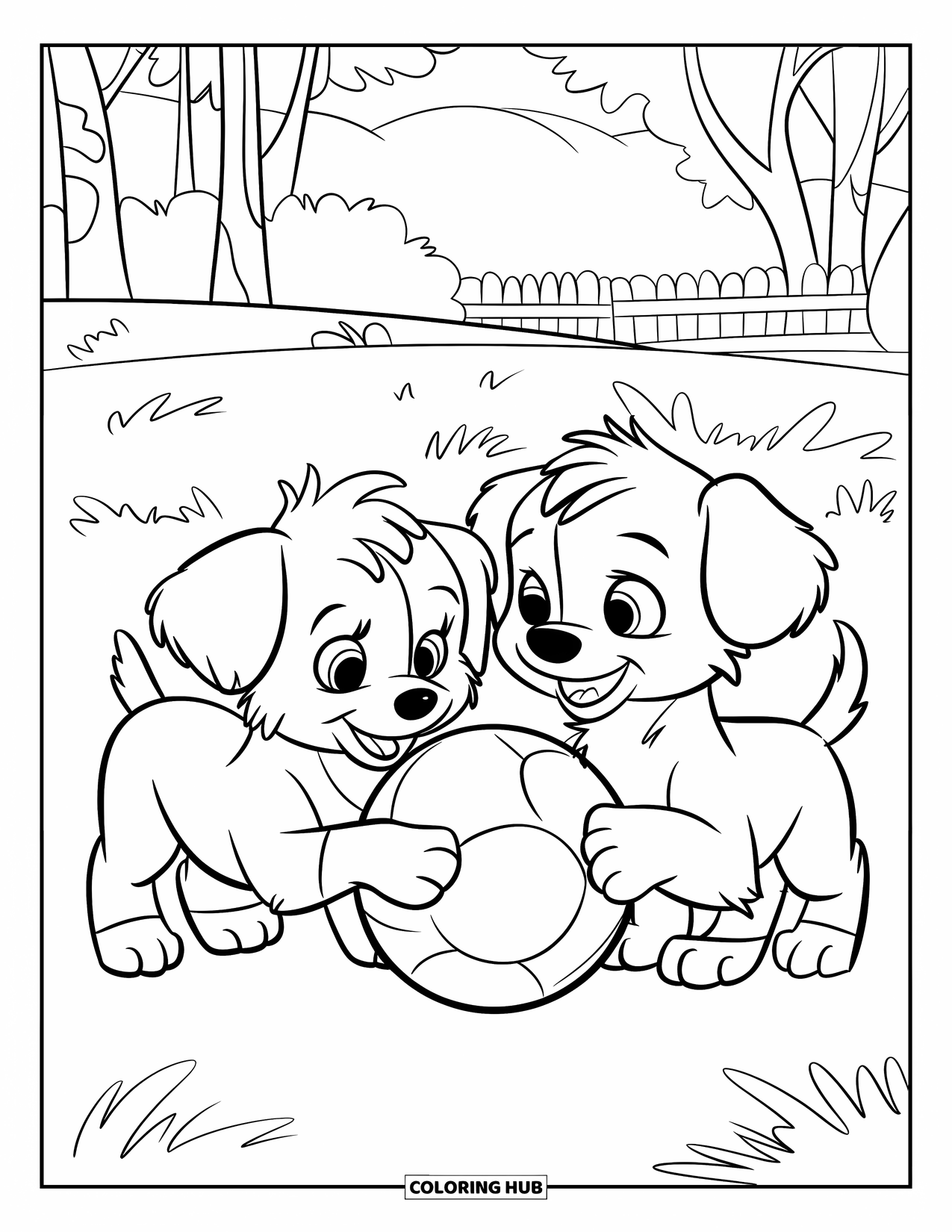 Respect Coloring Page for Kids: Friendly puppies sharing a ball near trees and a fence
