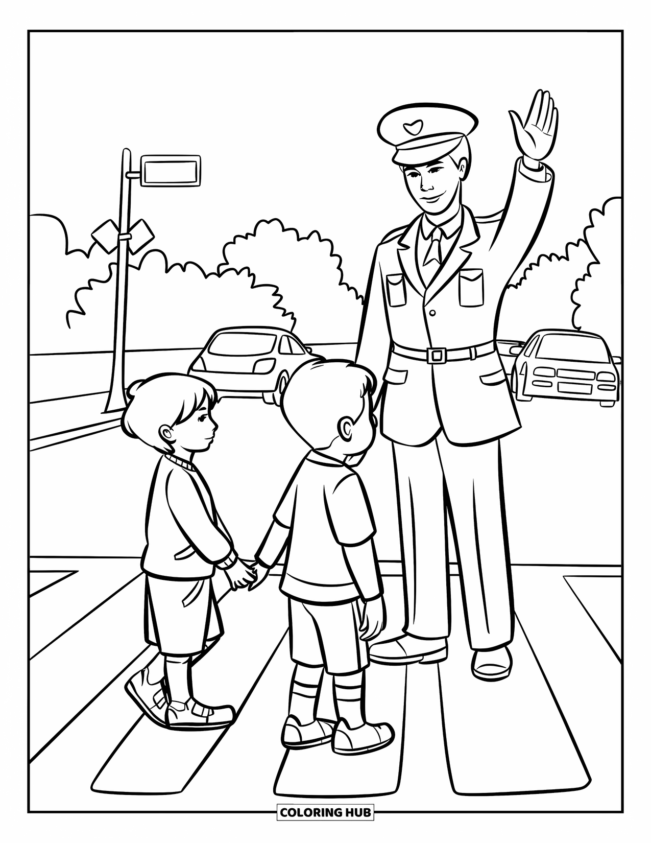 Respect Coloring Page for Kids: Kids holding hands while a crossing guard stops traffic