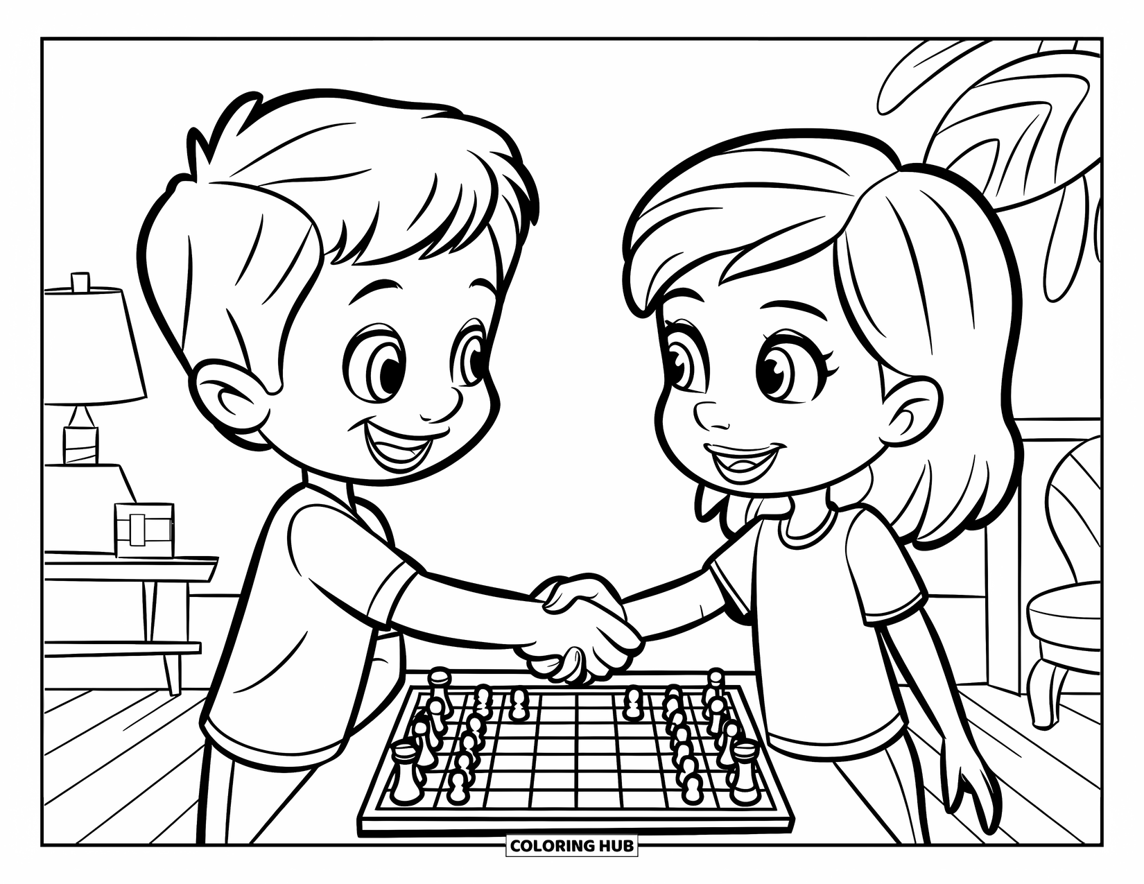Respect Coloring Page for Kids: Kids shaking hands beside a board game table