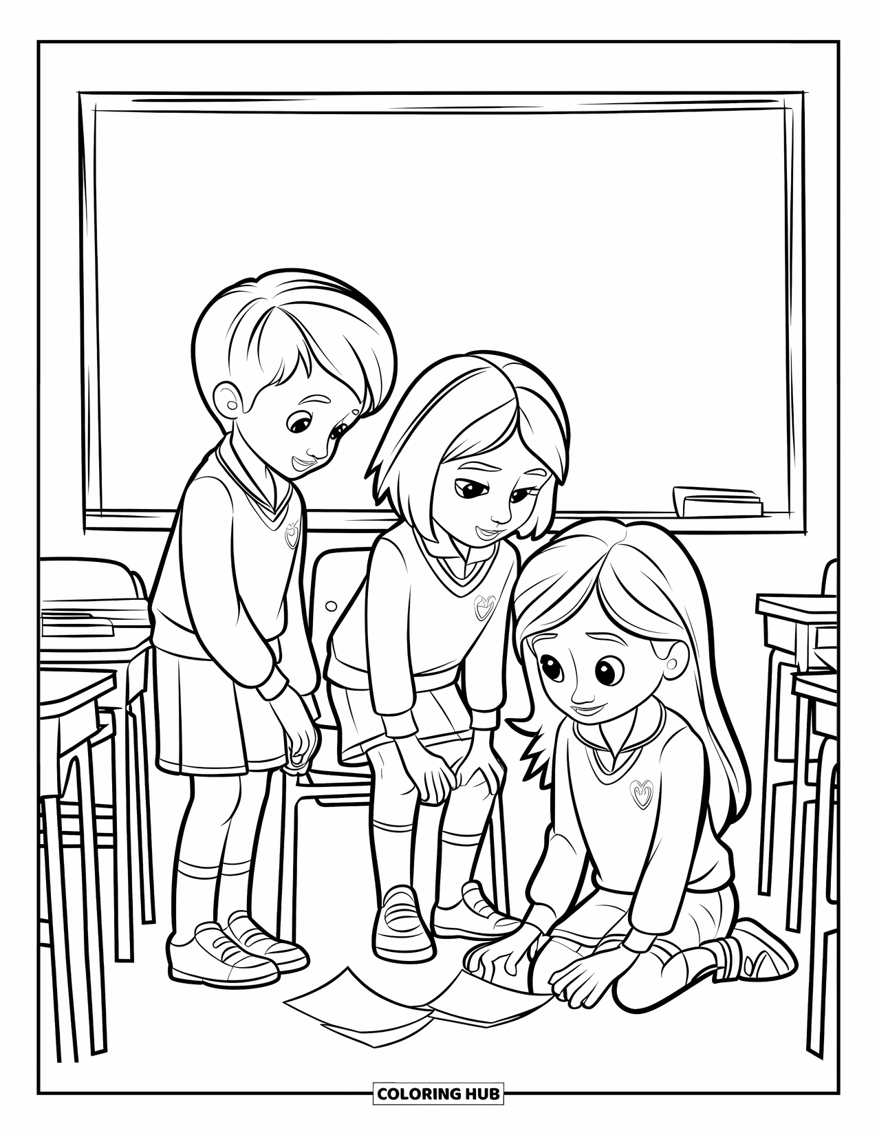 Respect Coloring Page for Kids: Students working together to pick up papers in a classroom