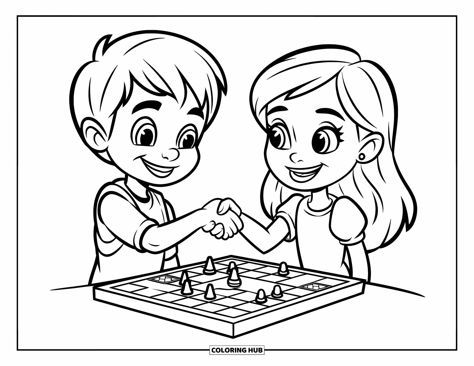 Respect Coloring Page for Kids: Two children shaking hands with smiles after a fun game