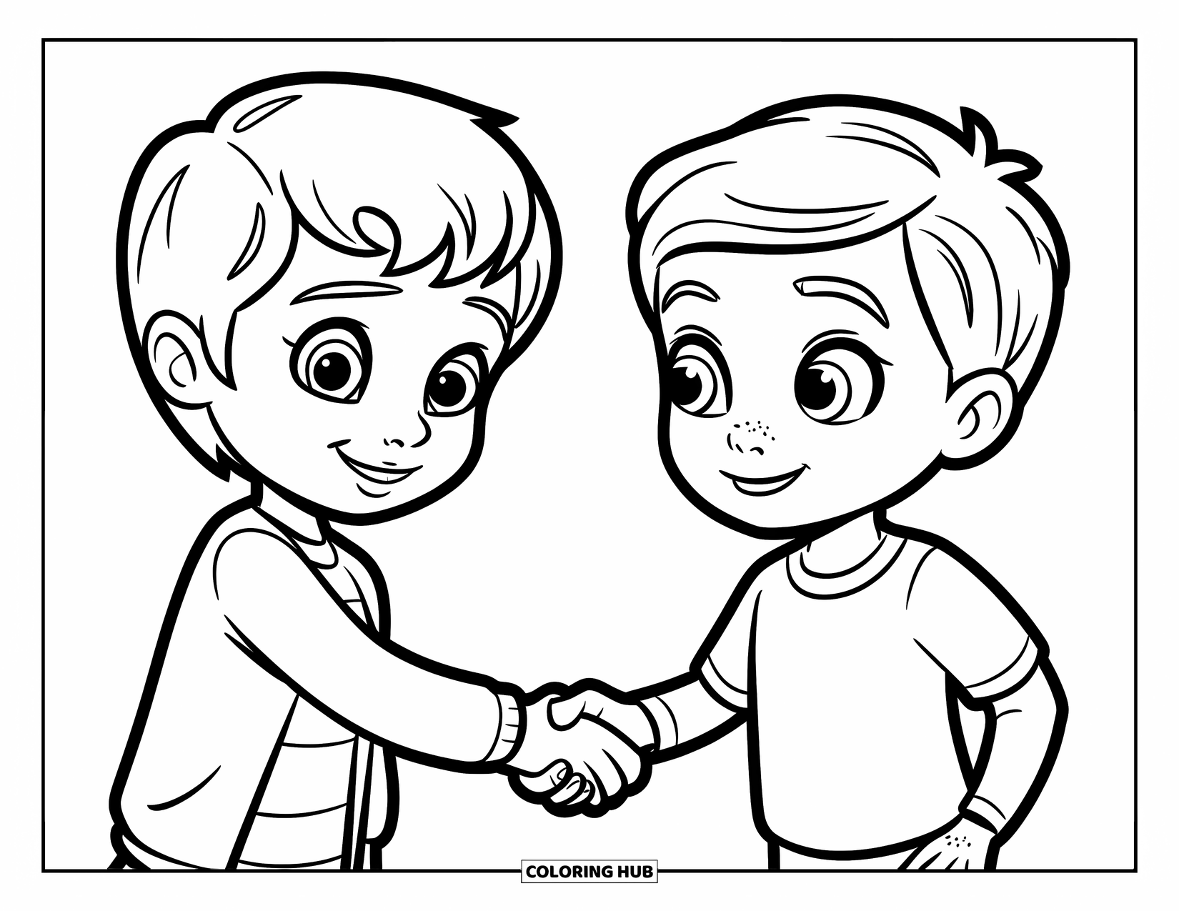 Respect Coloring Page for Kids: Two happy kids shaking hands playfully