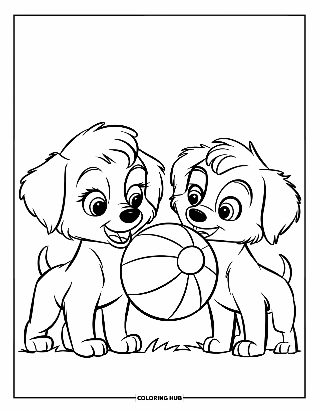 Respect Coloring Page for Kids: Two happy puppies playing together with a ball