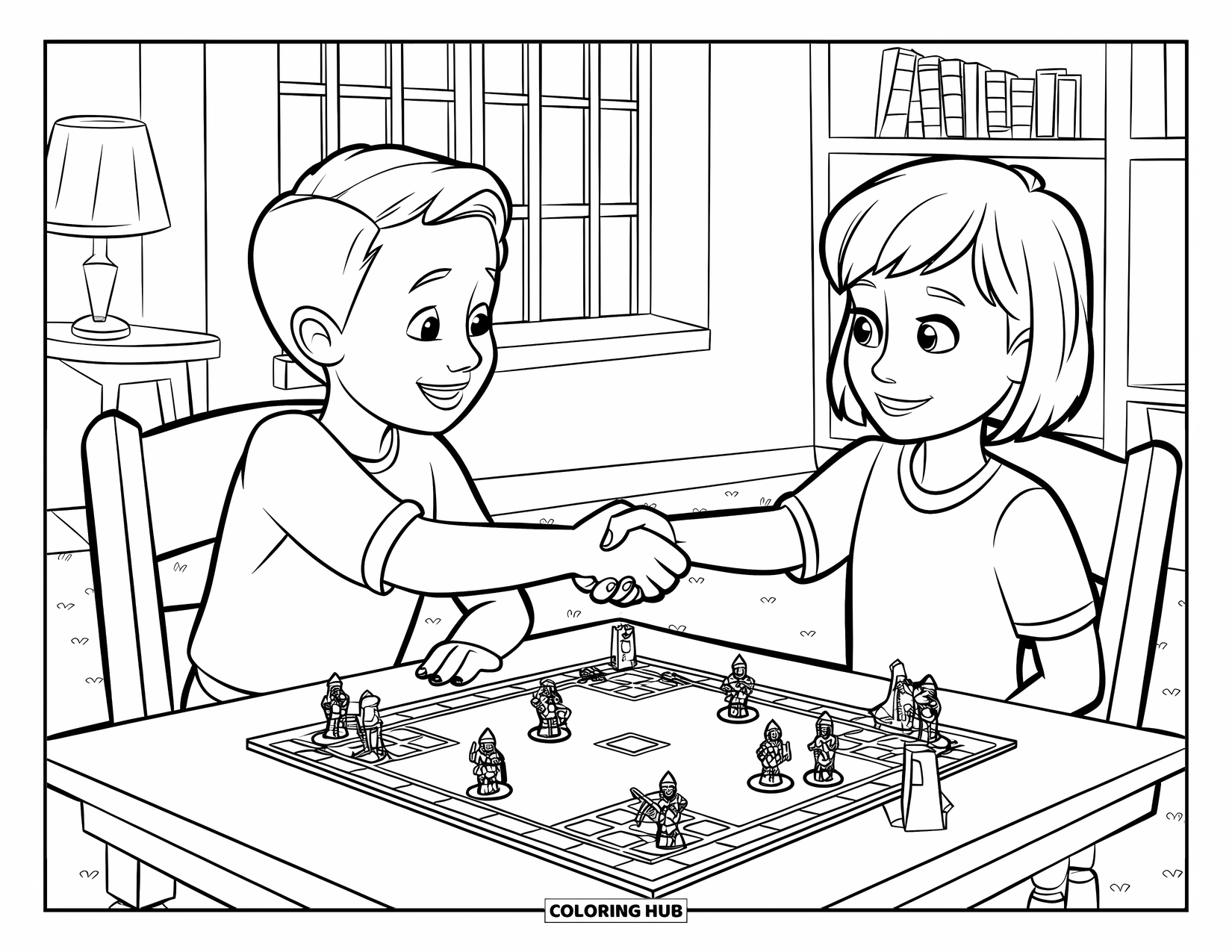 Respect Coloring Page for Kids: Two kids shaking hands after a medieval-themed board game