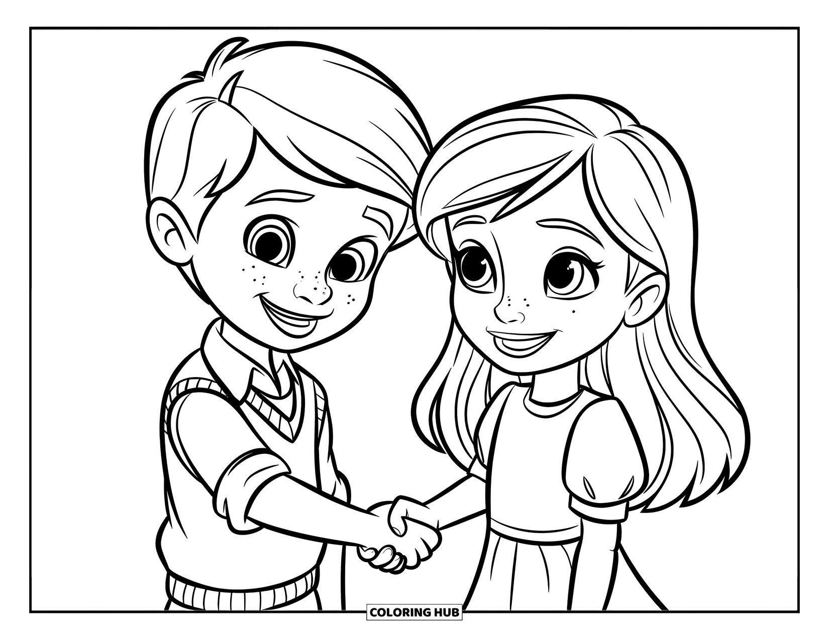 Respect Coloring Page for Kids: Two smiling children shaking hands kindly