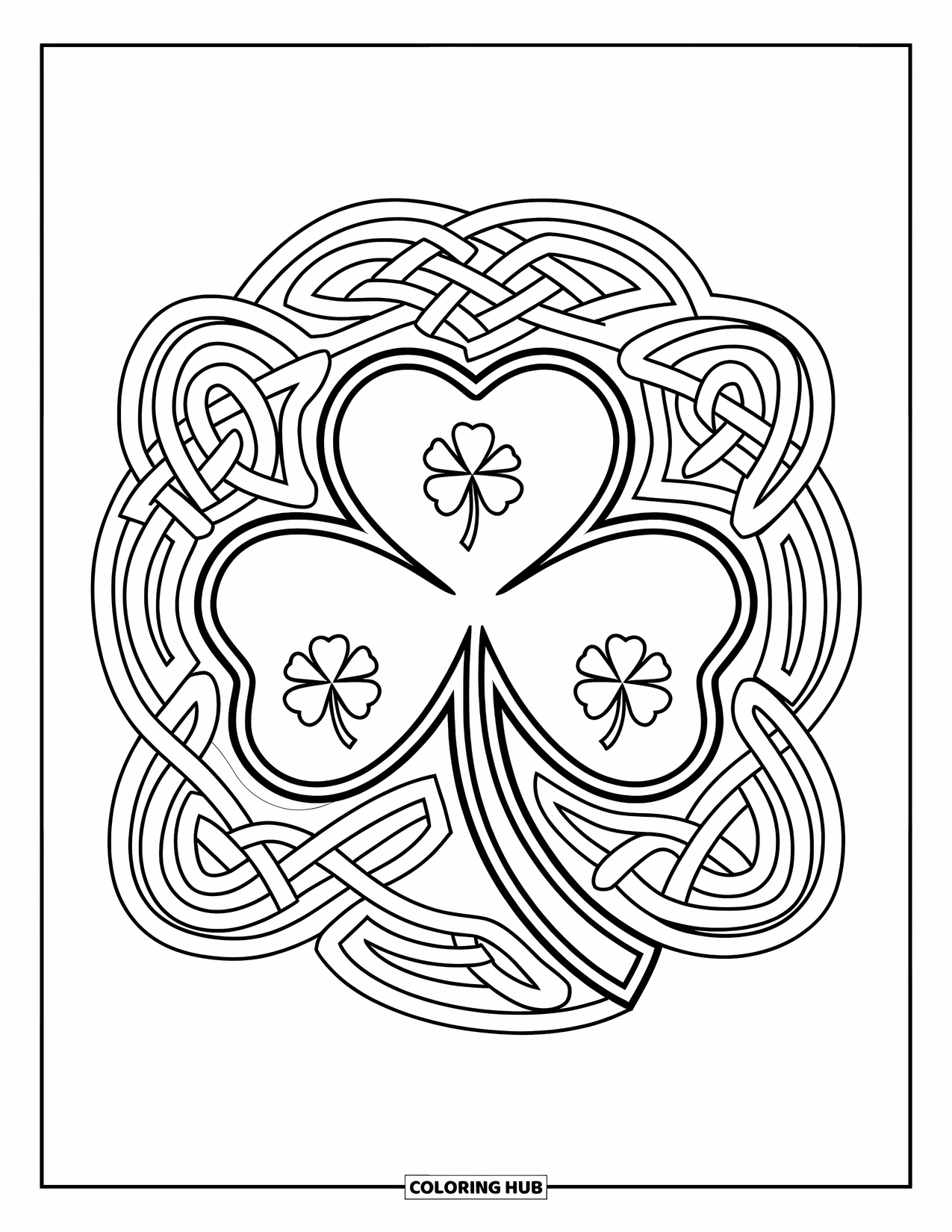 Shamrock Coloring Page for Adults: A big shamrock surrounded by detailed Celtic knot layers