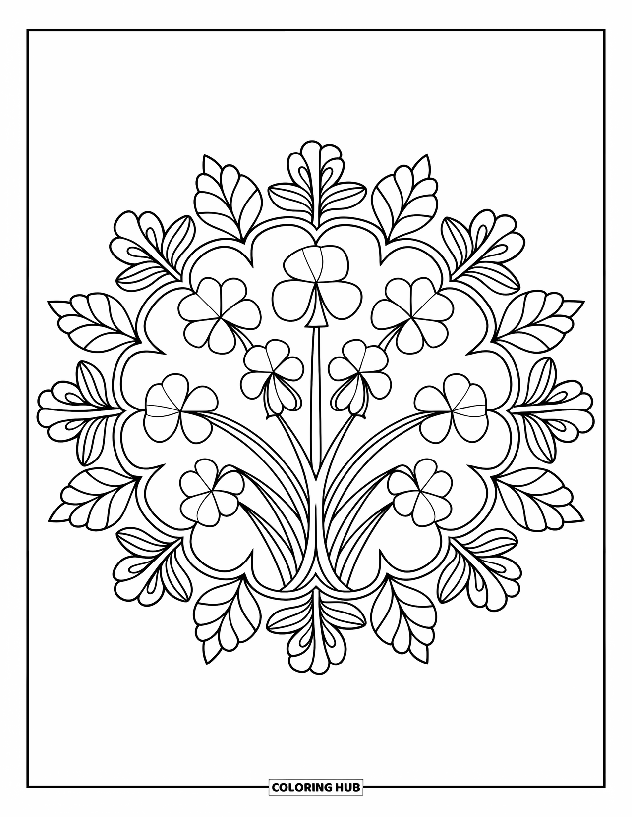 Shamrock Coloring Page for Adults: A circular bouquet of shamrocks framed by leafy borders