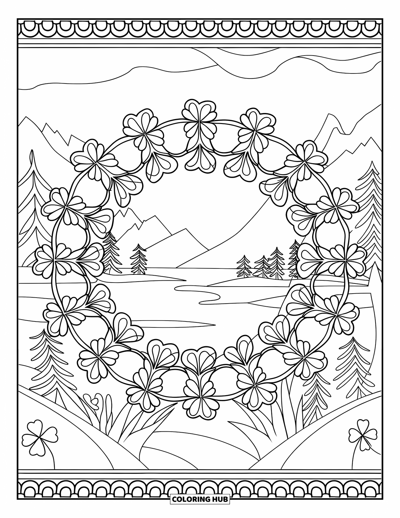 Shamrock Coloring Page for Adults: A circular mandala of hanging shamrocks framed like a garden