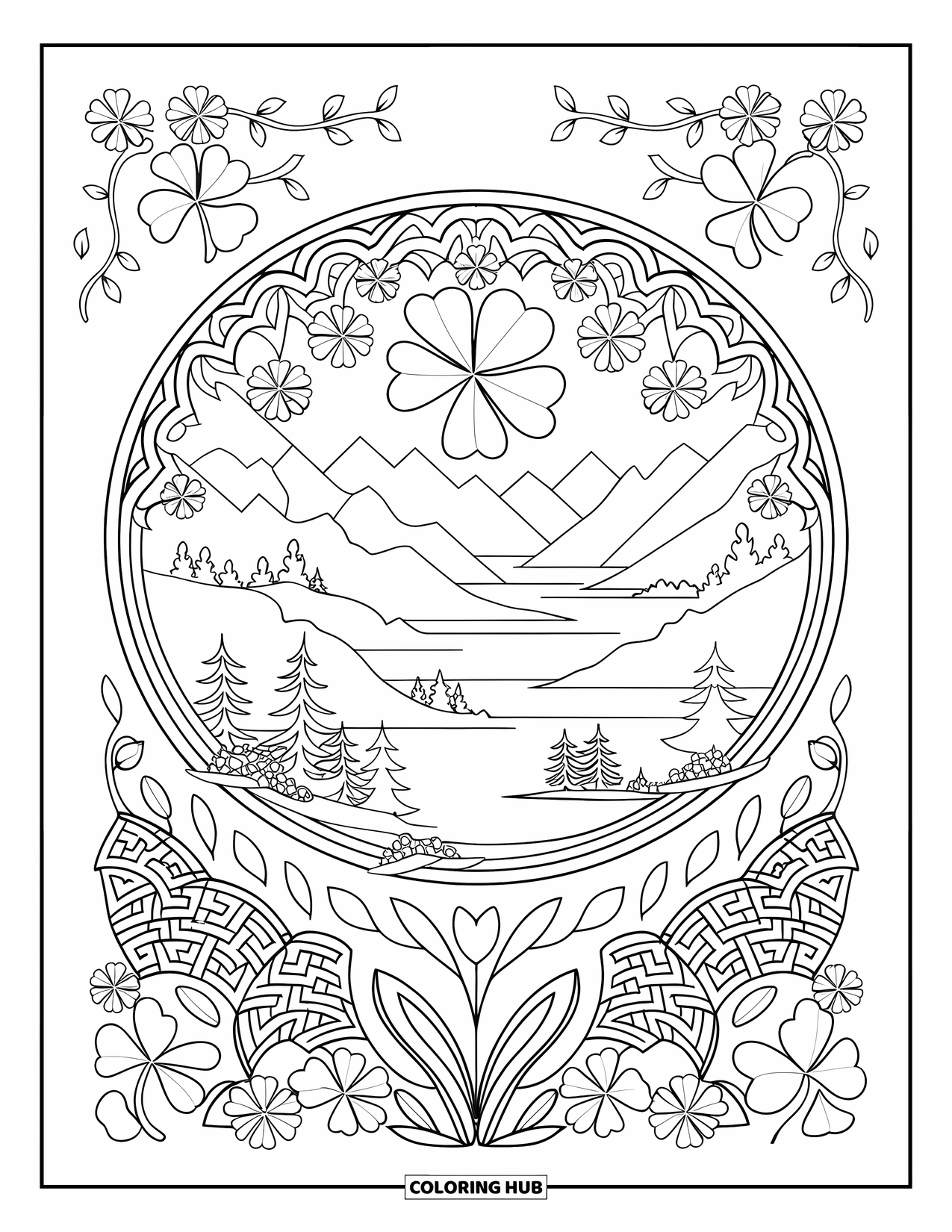 Shamrock Coloring Page for Adults: A circular shamrock mandala framed by trees and flowers