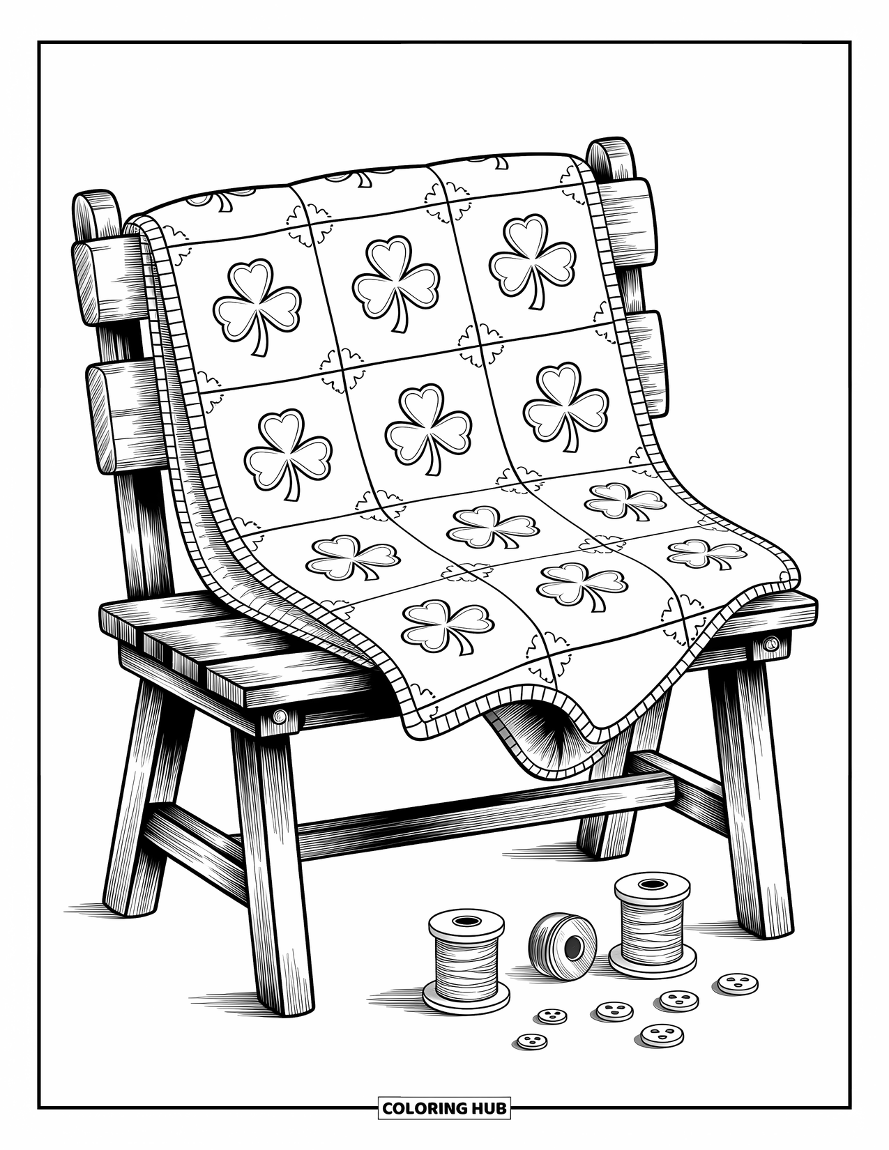 Shamrock Coloring Page for Adults: A cozy sewing nook with a shamrock-patterned quilt and tools