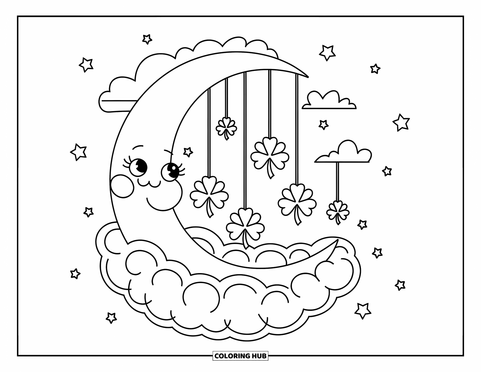 Shamrock Coloring Page for Adults: A crescent moon with shamrocks hanging like wind chimes