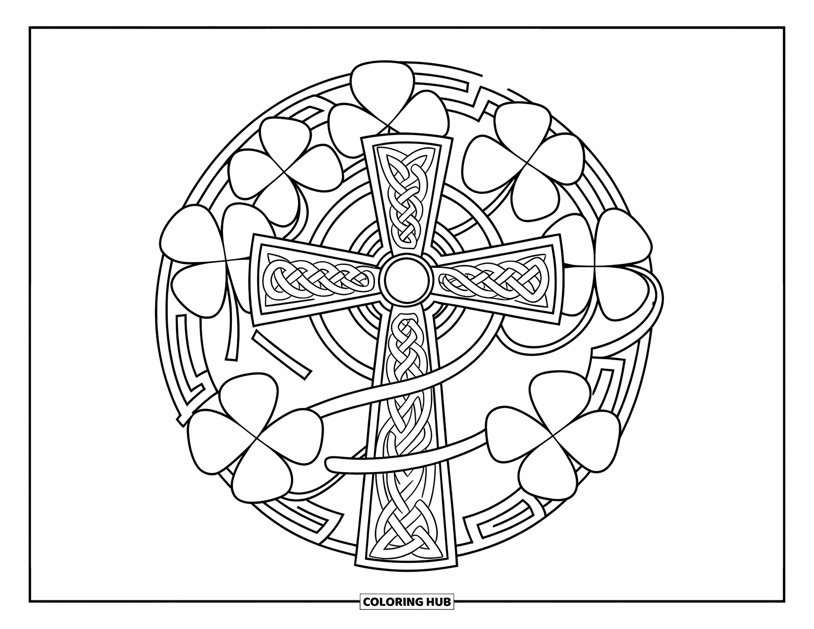 Shamrock Coloring Page for Adults: A detailed Celtic cross covered in shamrocks and elegant patterns