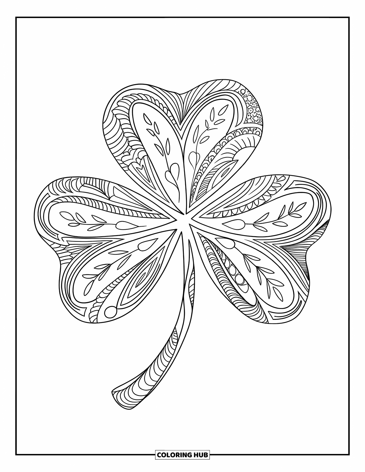 Shamrock Coloring Page for Adults: A detailed shamrock mandala with curling leaves and stems