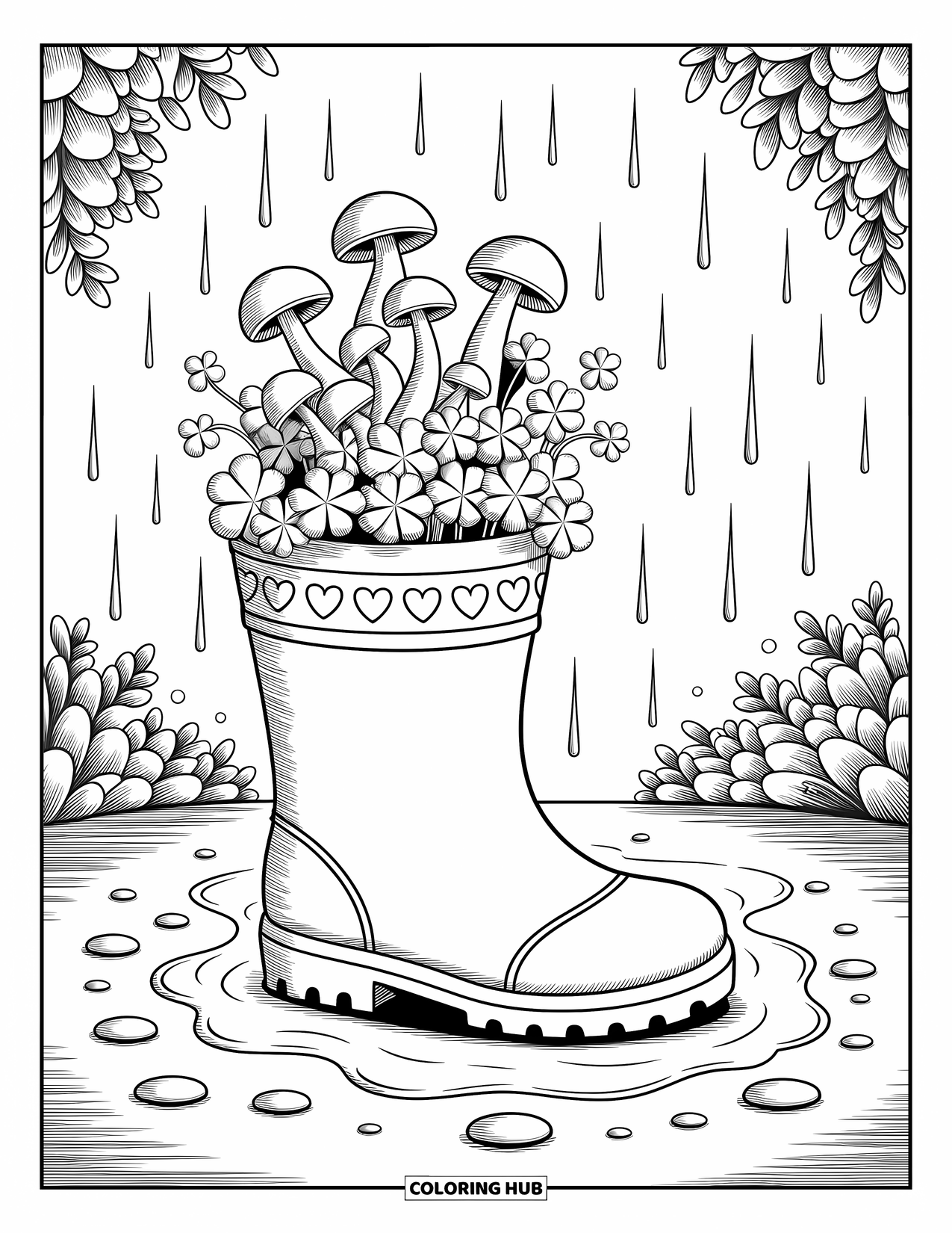 Shamrock Coloring Page for Adults: A heart-decorated rain boot filled with shamrocks and flowers