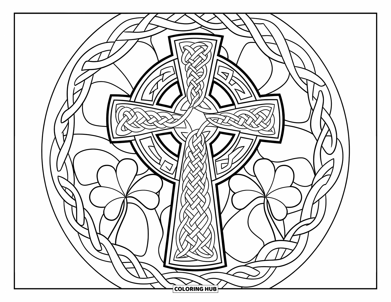Shamrock Coloring Page for Adults: A patterned Celtic cross with spirals and shamrocks intertwined