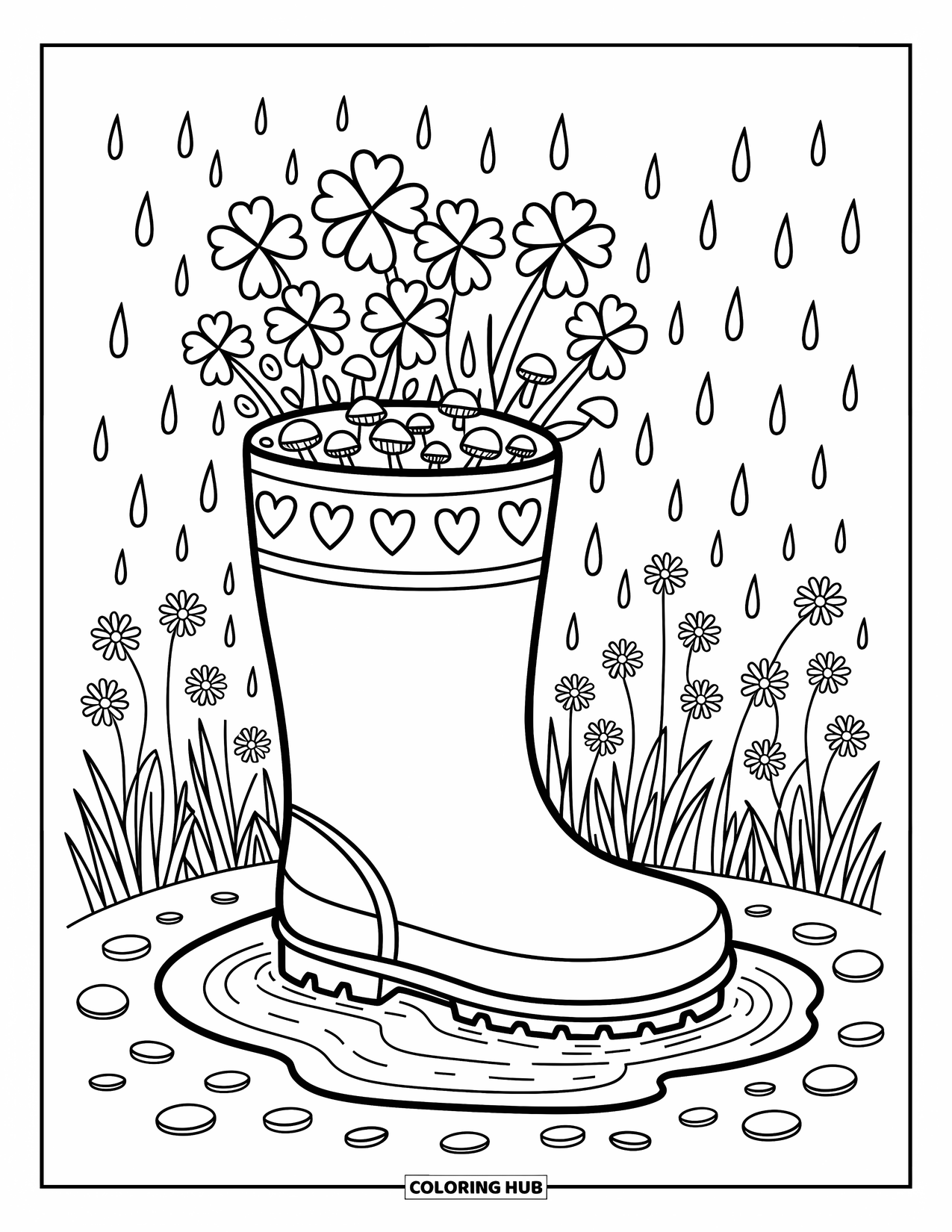 Shamrock Coloring Page for Adults: A rain boot planter filled with shamrocks, flowers, and mushrooms