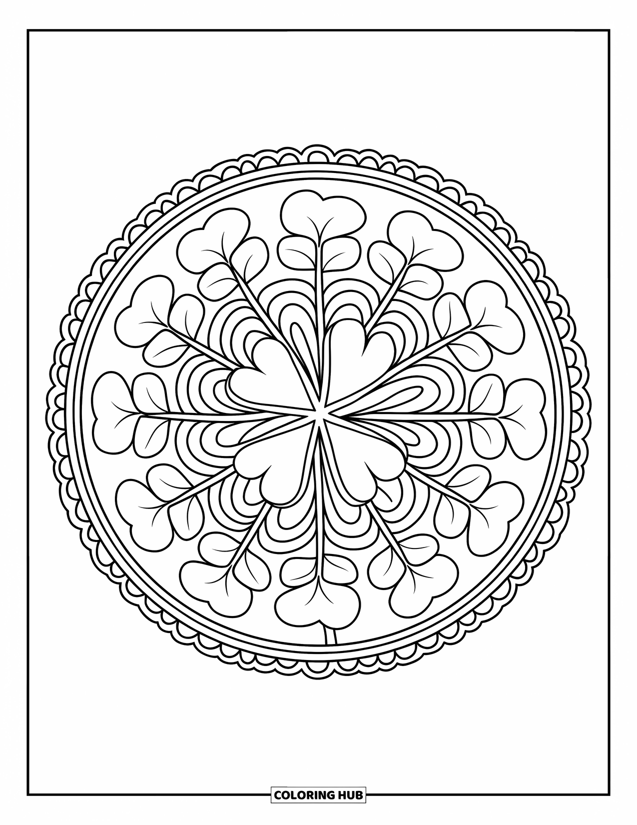 Shamrock Coloring Page for Adults: A shamrock bouquet arranged in a round mandala pattern