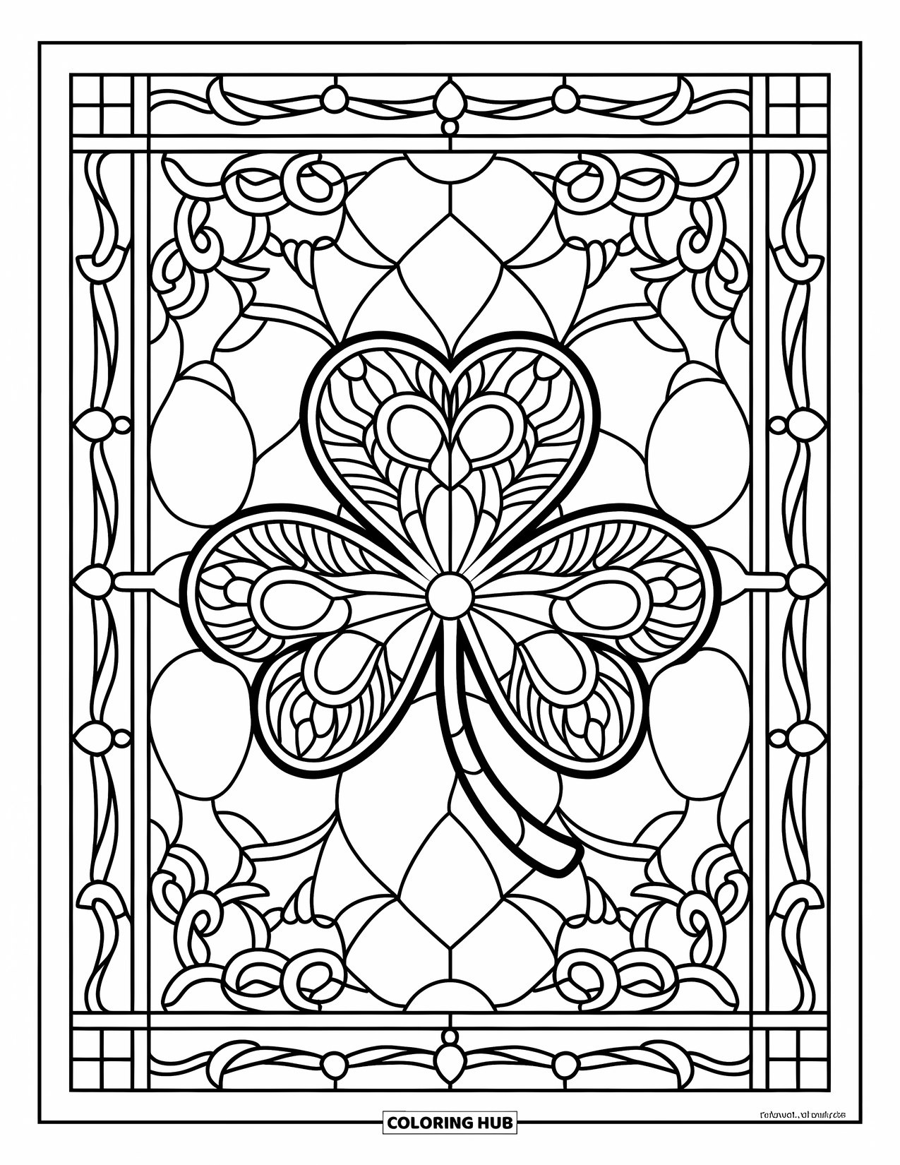 Shamrock Coloring Page for Adults: A shamrock window framed by vines and Gothic arches