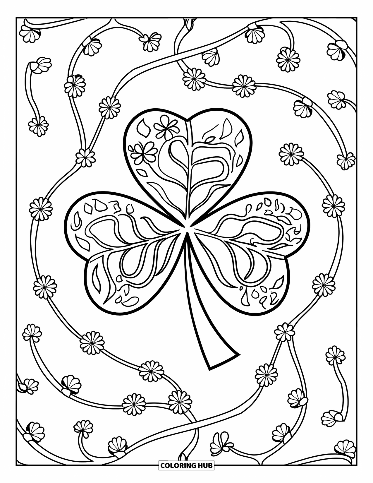 Shamrock Coloring Page for Adults: A swirling shamrock mandala filled with floral vine patterns