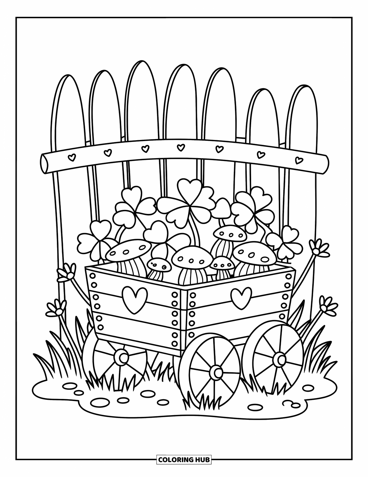 Shamrock Coloring Page for Adults: A tiny wagon overflowing with clovers beside a wooden fence