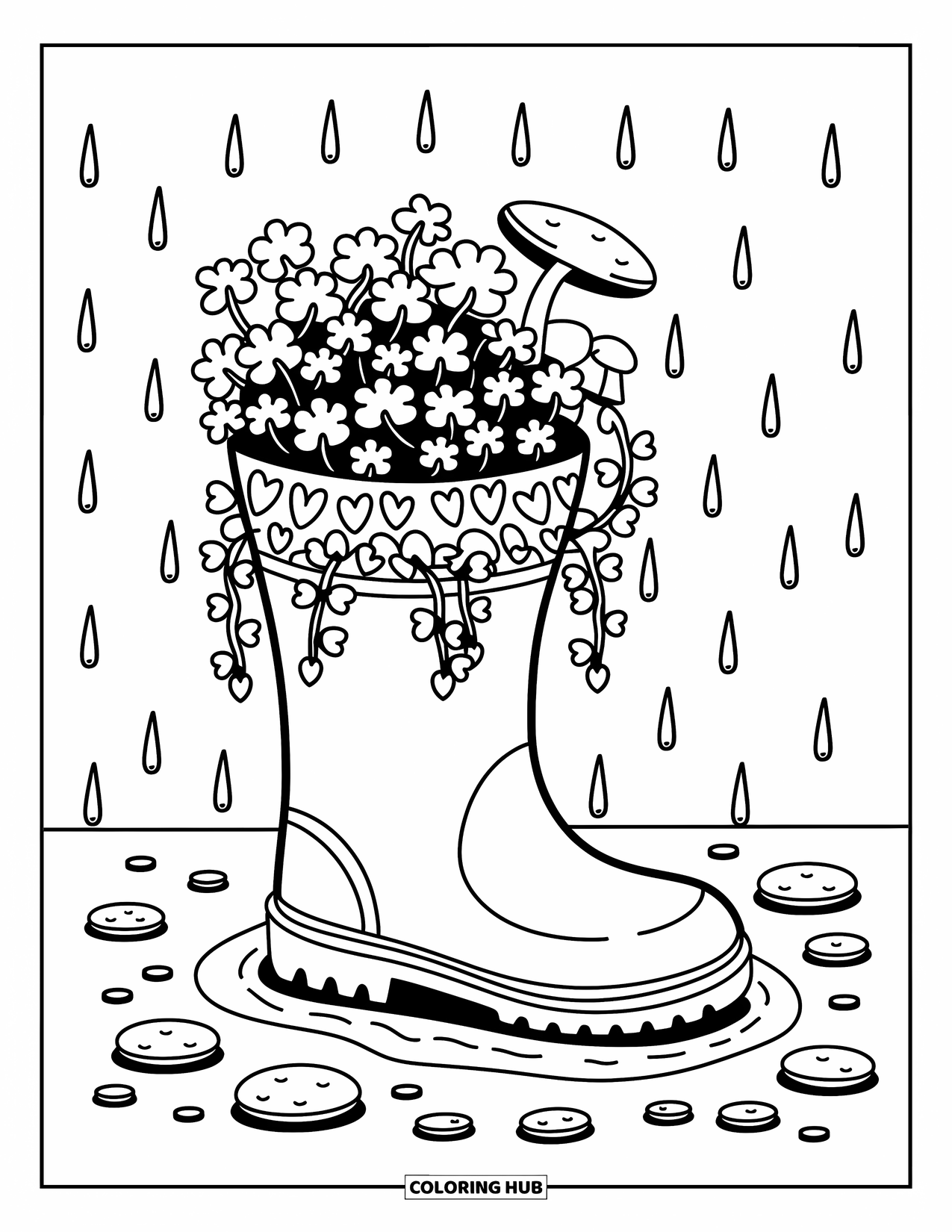 Shamrock Coloring Page for Adults: A whimsical boot planter with tiny mushrooms and falling rain