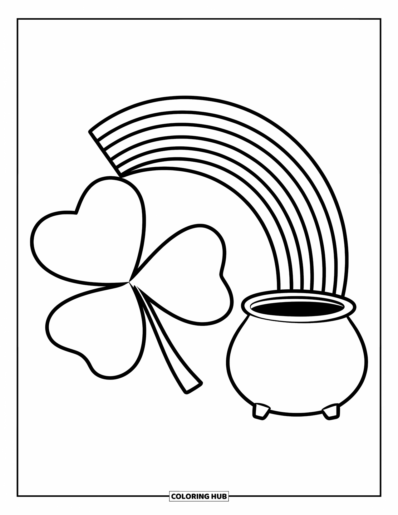 Shamrock Coloring Page for Kids: A big clover under a rainbow with coins spilling out