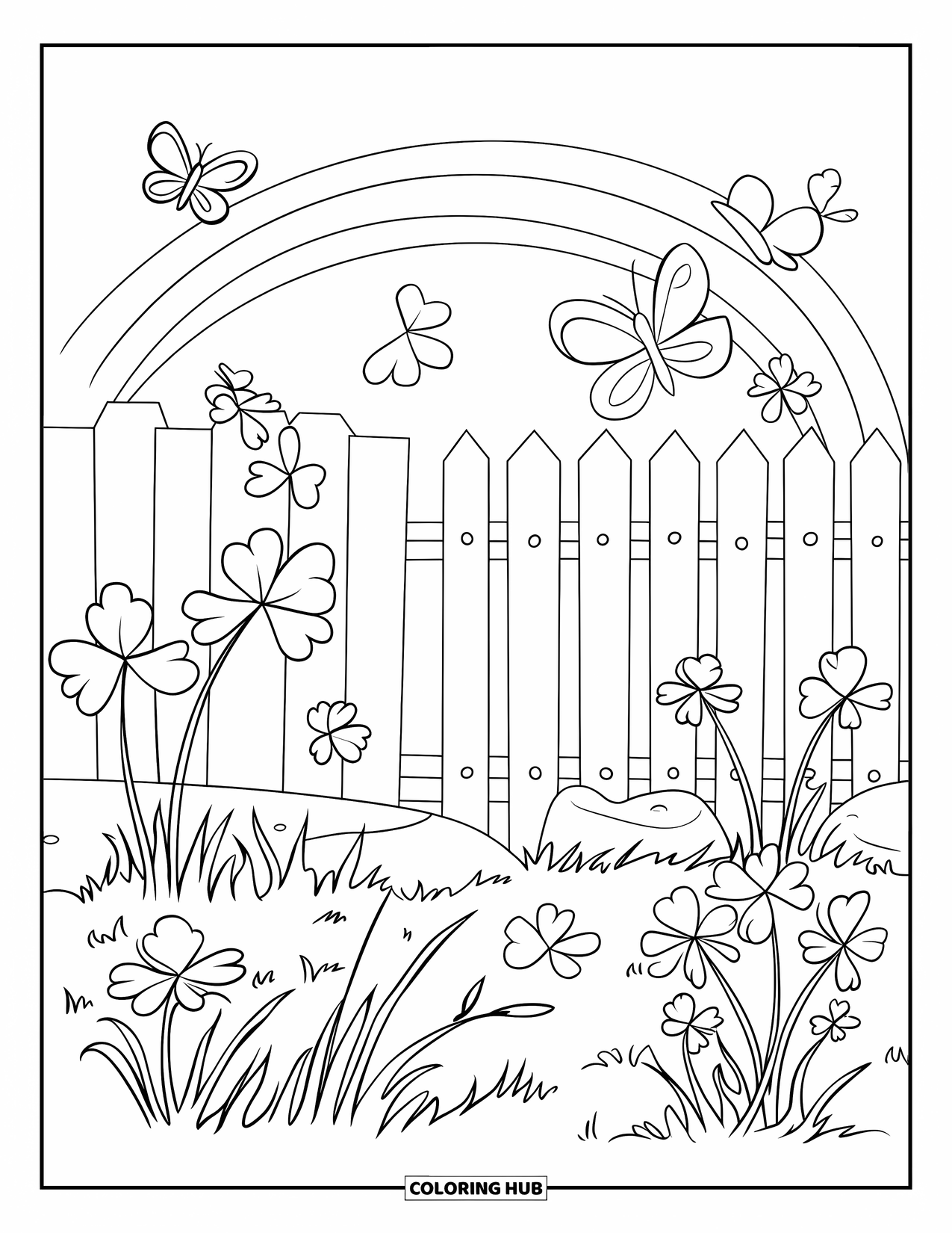 Shamrock Coloring Page for Kids: A blooming garden of clovers, butterflies, and a rainbow sky