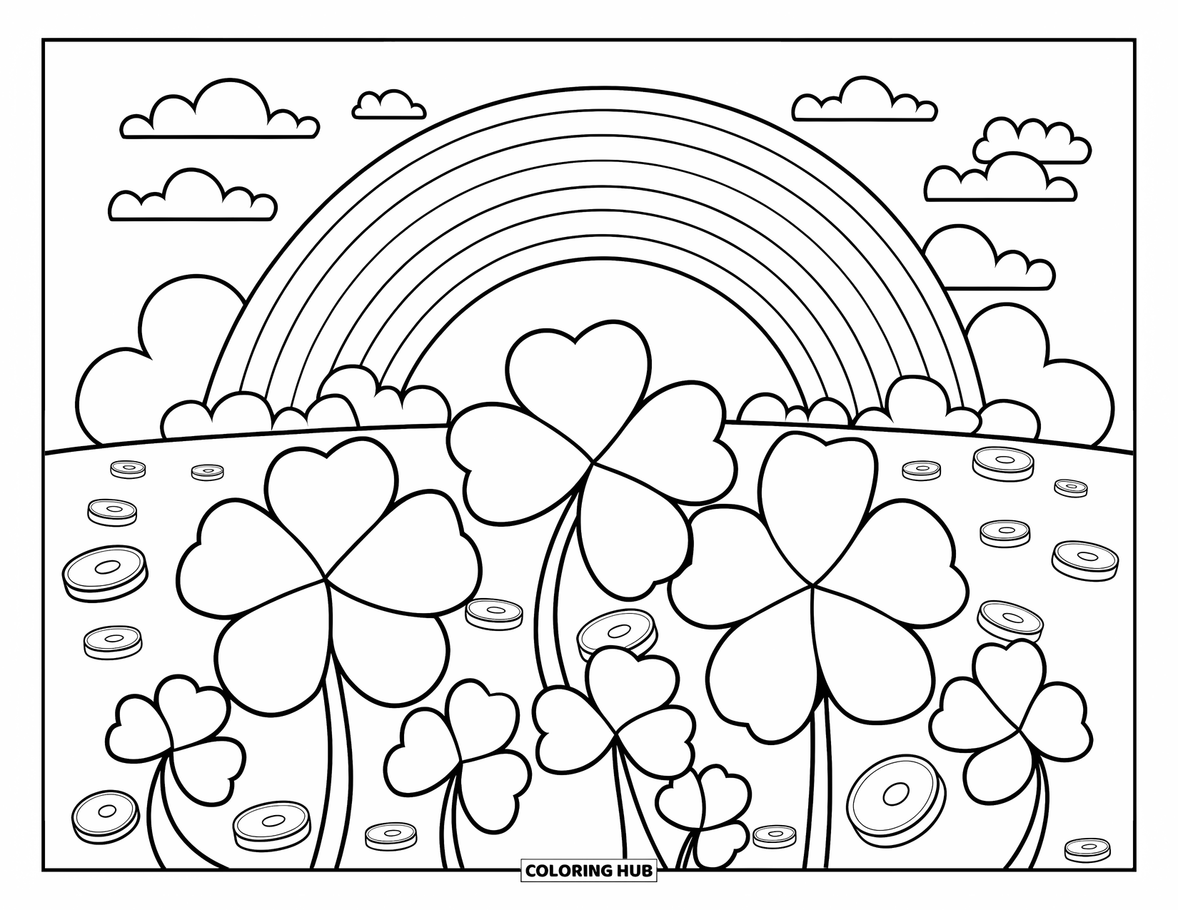 Shamrock Coloring Page for Kids: A cheerful field of shamrocks, coins, and a bright rainbow