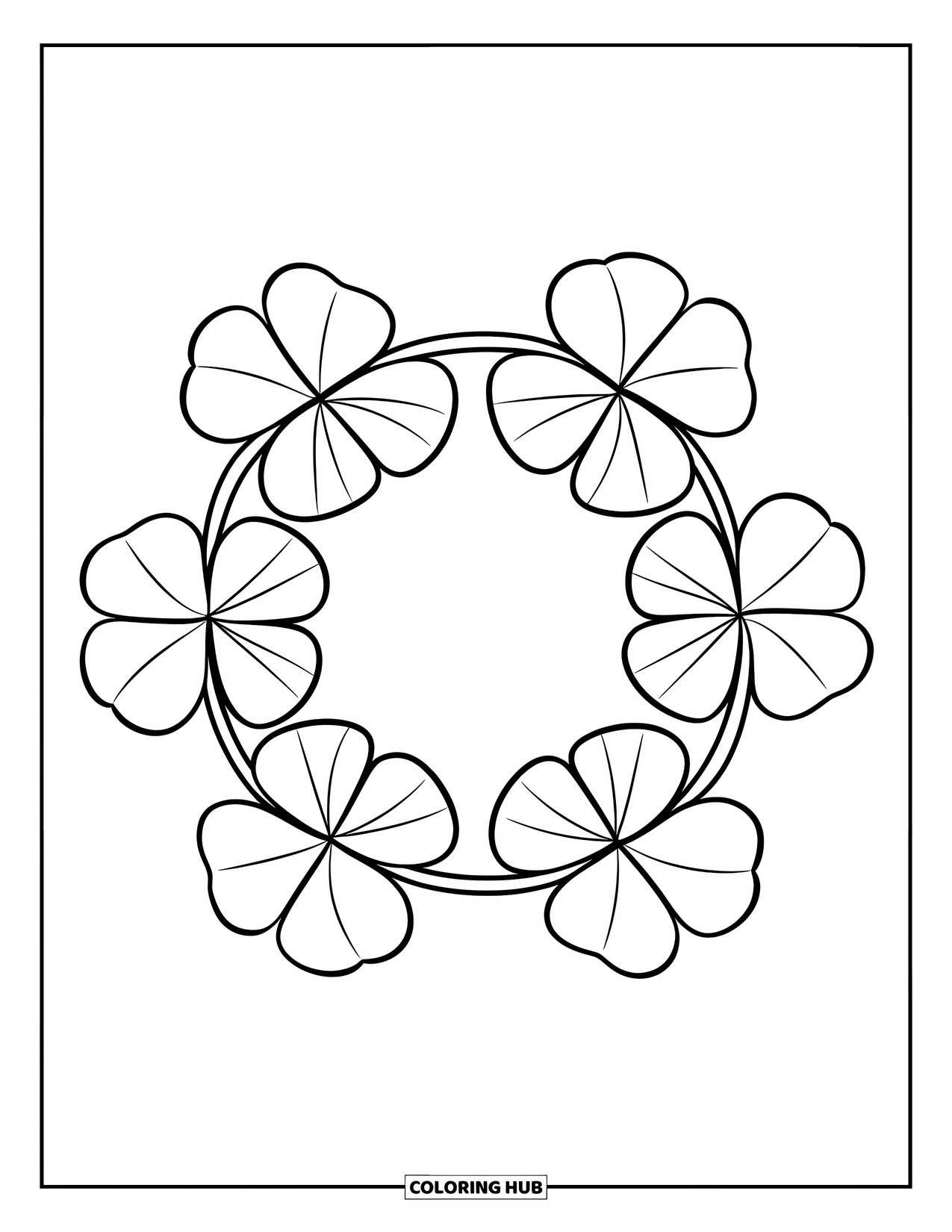 Shamrock Coloring Page for Kids: A circle of four clovers creating a simple shamrock wreath