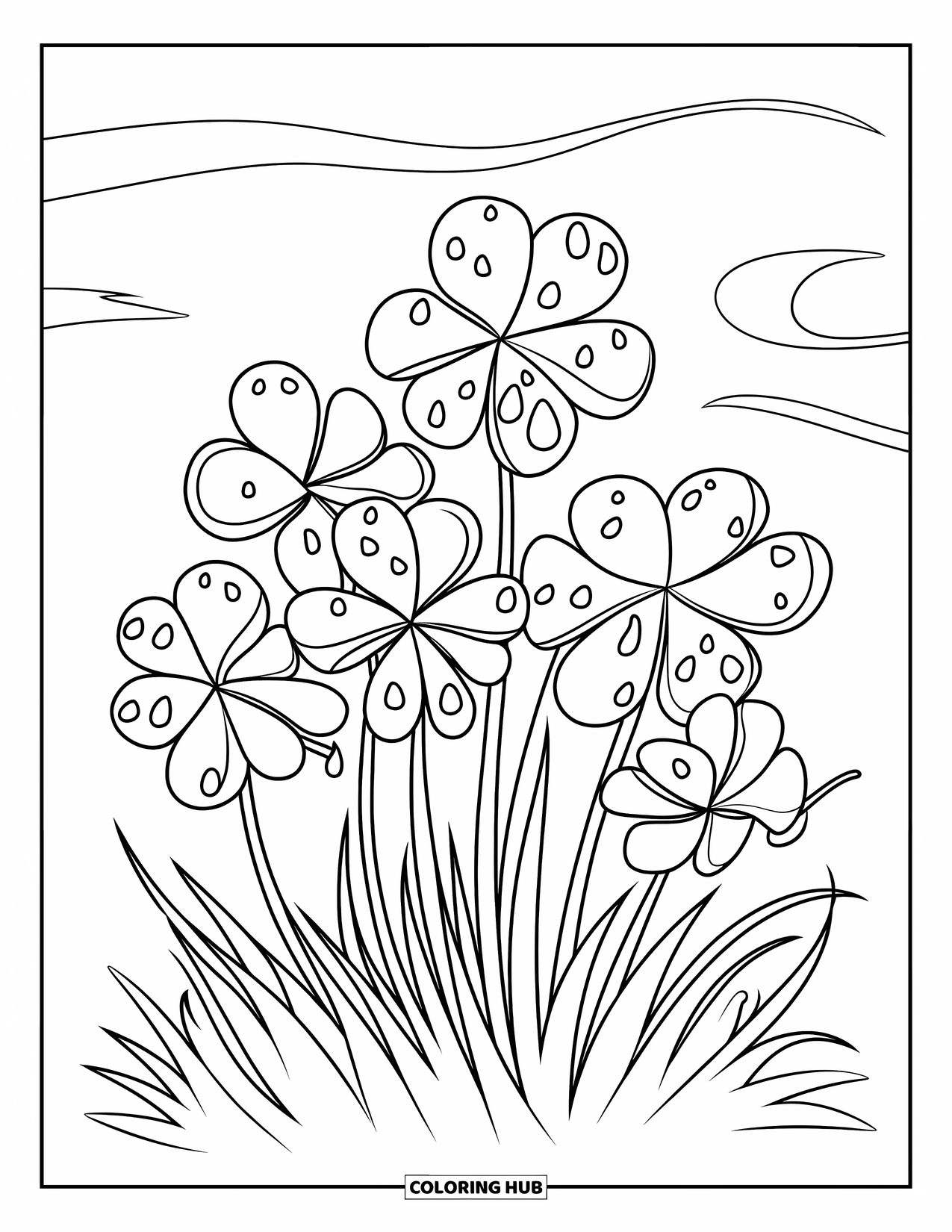Shamrock Coloring Page for Kids: A cluster of clovers covered in morning dew