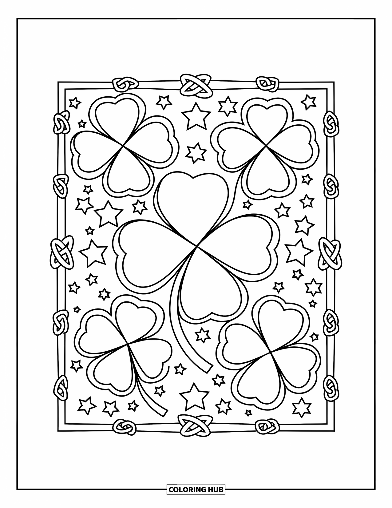 Shamrock Coloring Page for Kids: A detailed frame of shamrocks, stars, and knotwork