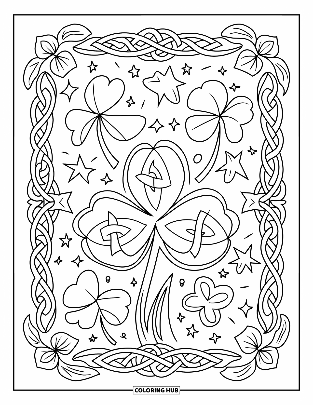 Shamrock Coloring Page for Kids: A framed shamrock design with stars, flowers, and Celtic knots
