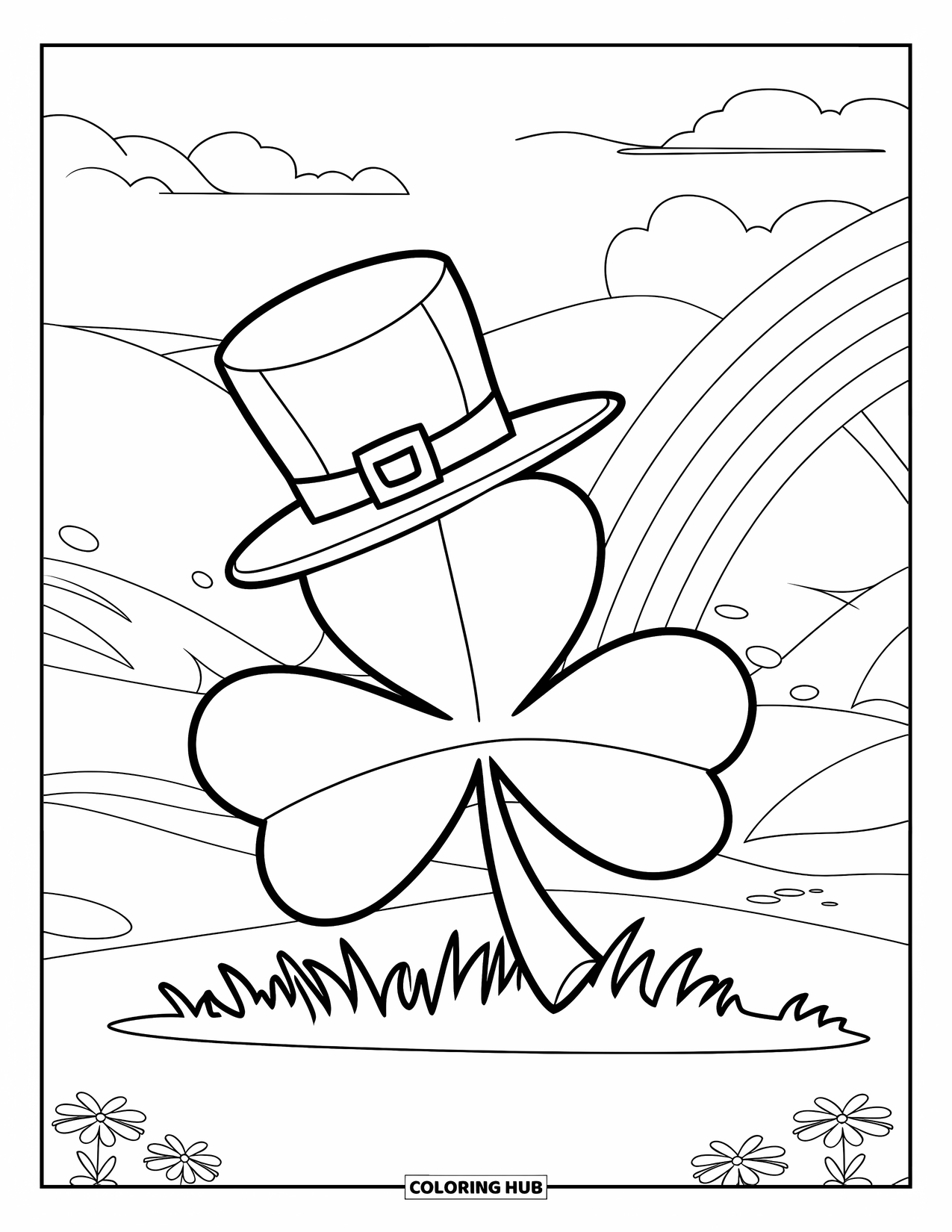 Shamrock Coloring Page for Kids: A grinning shamrock in a hat beside small flowers and clouds