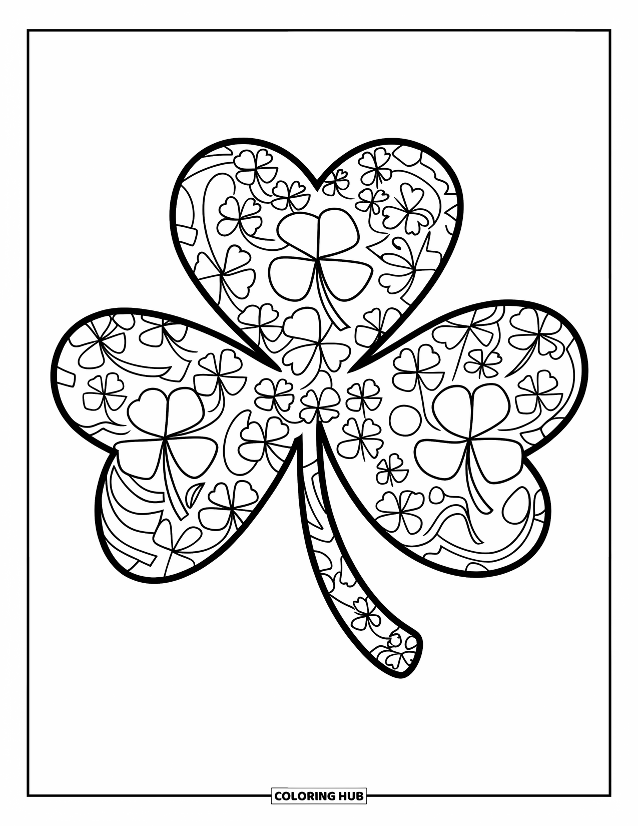 Shamrock Coloring Page for Kids: A large shamrock made of smaller shamrocks within each petal