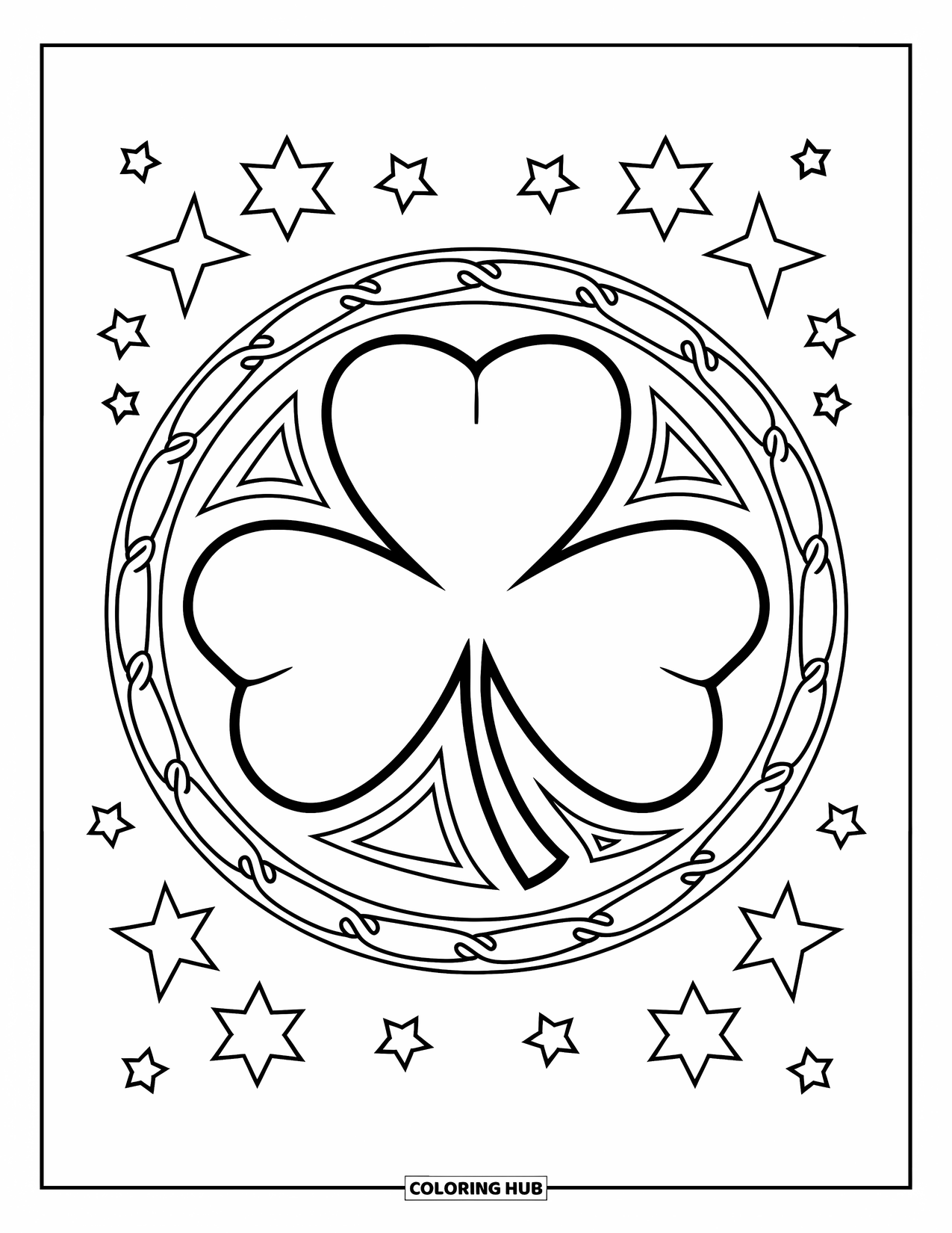 Shamrock Coloring Page for Kids: A large shamrock surrounded by stars and tiny Celtic knots