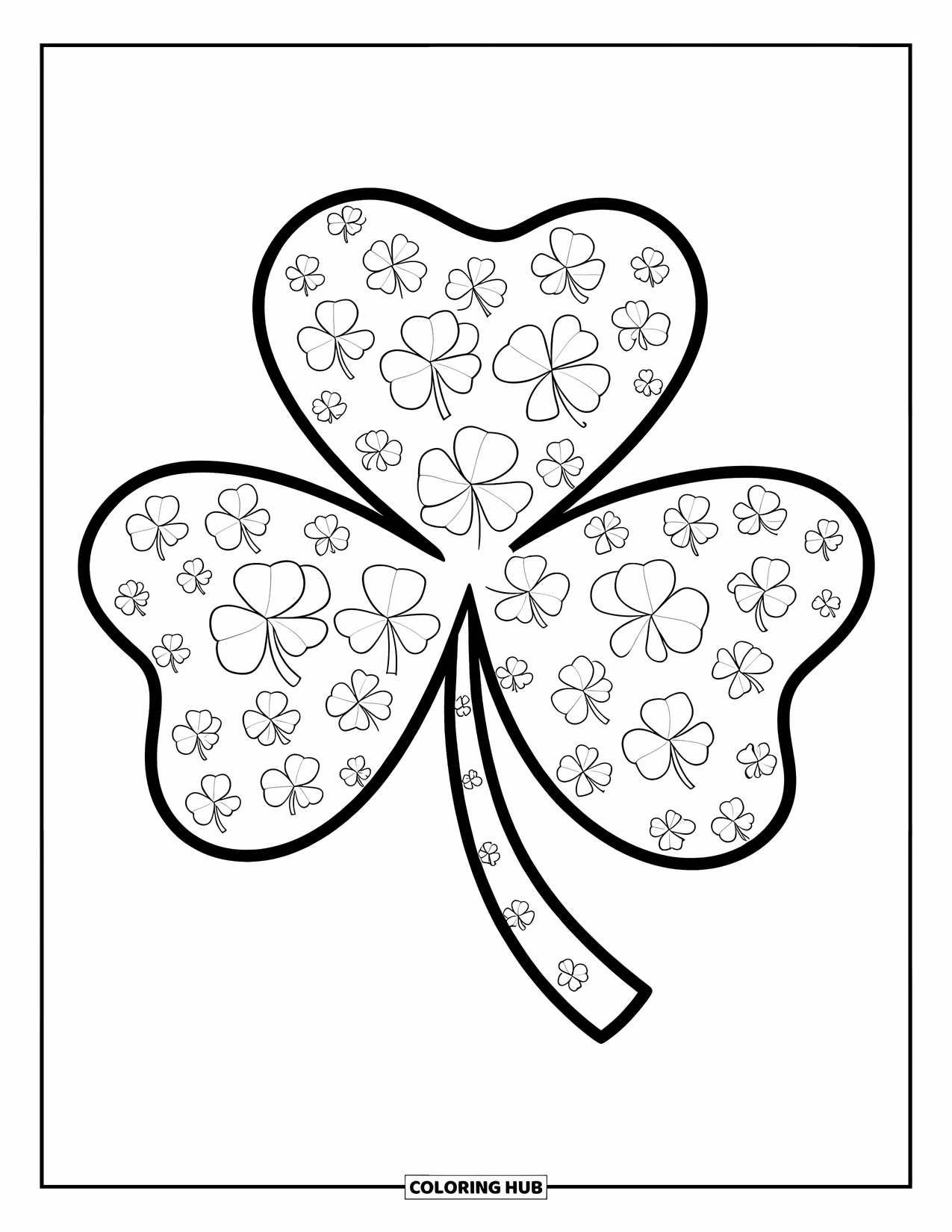 Shamrock Coloring Page for Kids: A layered shamrock made entirely of miniature clovers