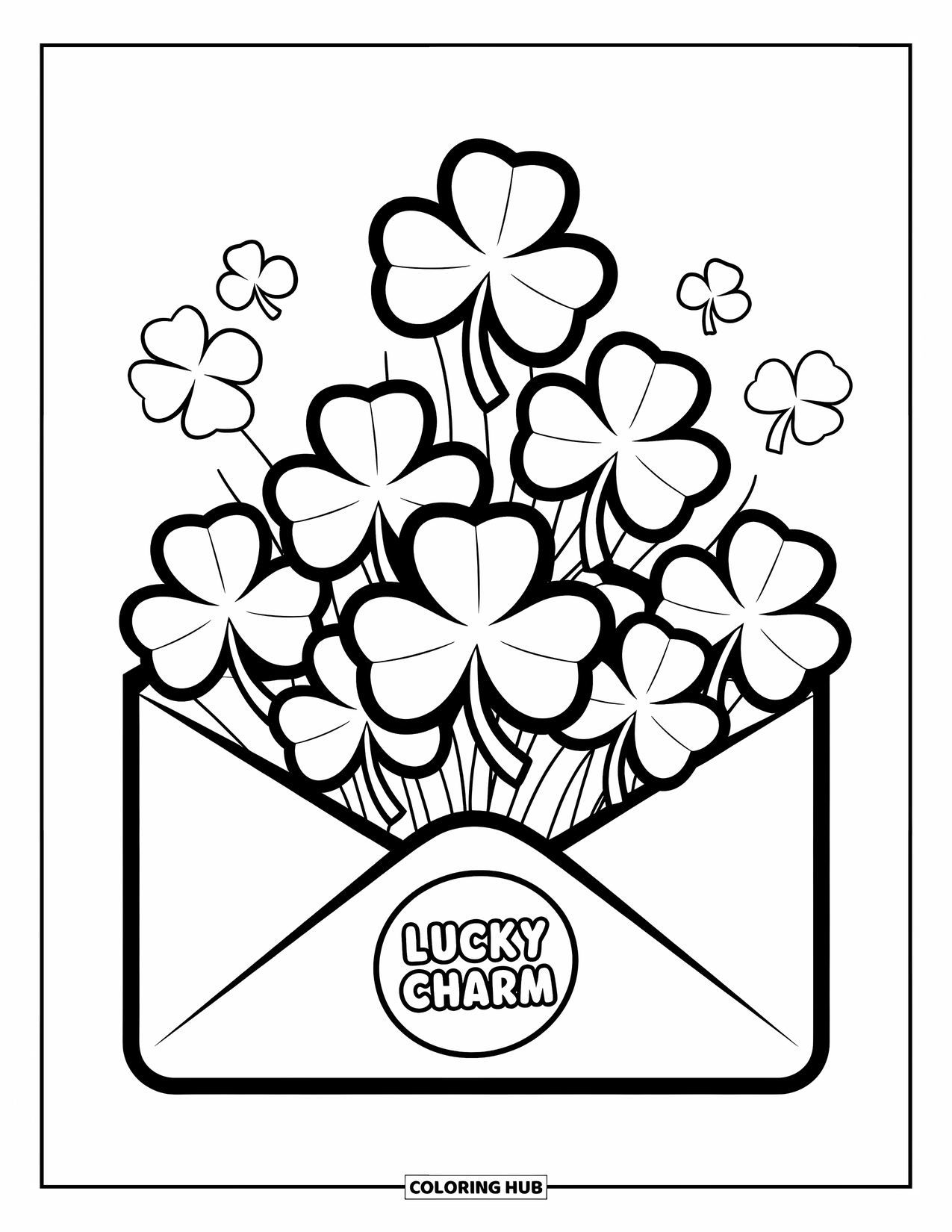 Shamrock Coloring Page for Kids: A letter bursting with shamrocks marked "Open Me for Luck!"