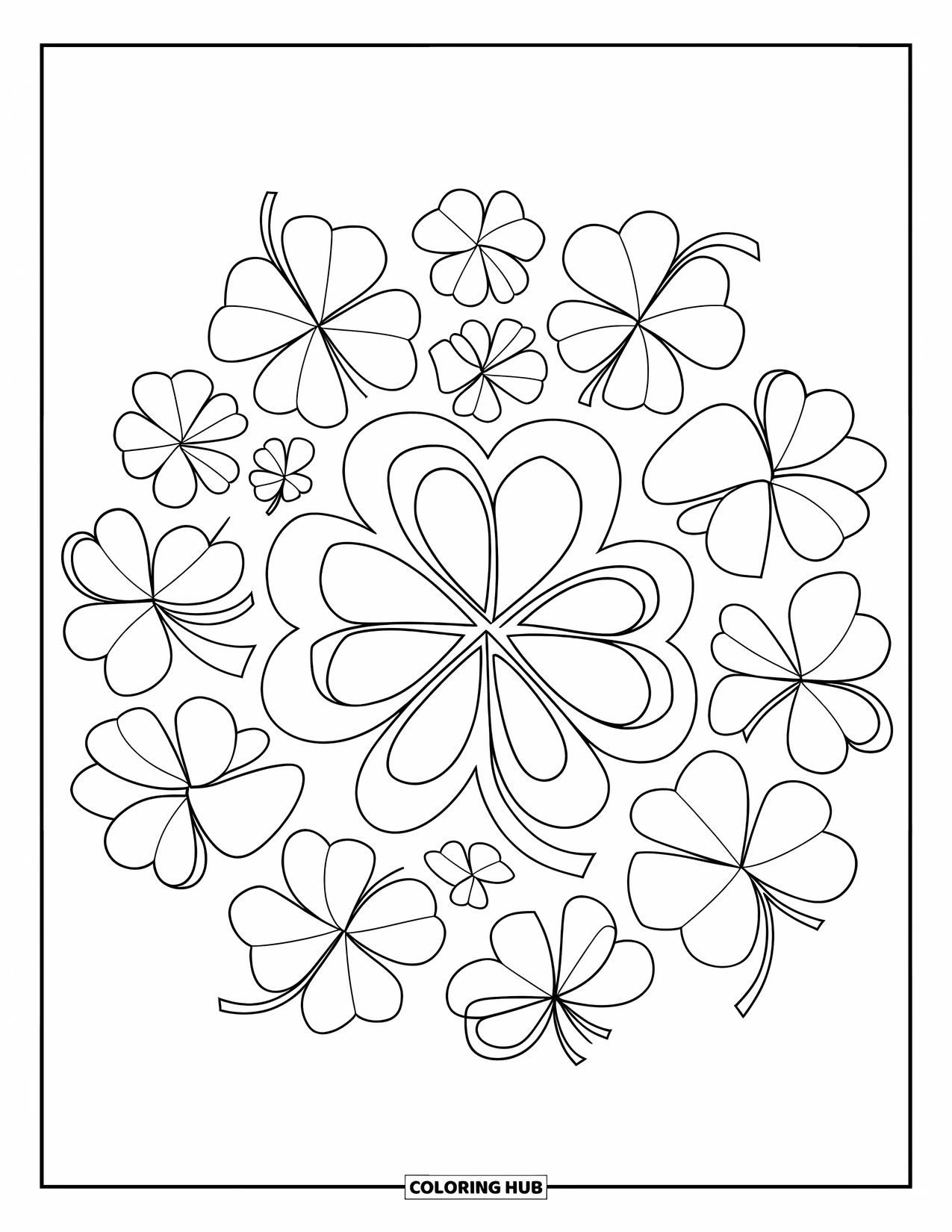 Shamrock Coloring Page for Kids: A page of overlapping shamrocks in different playful shapes