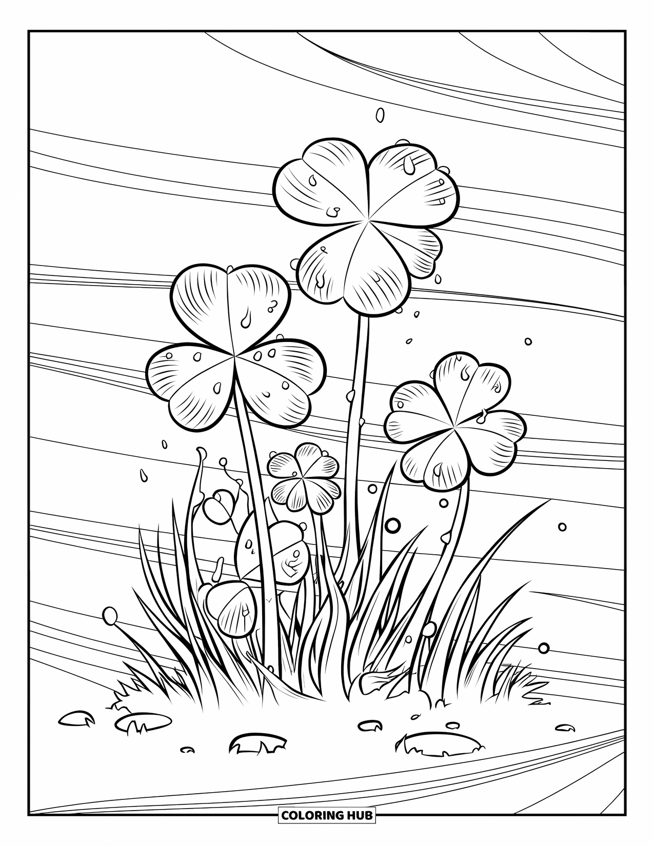 Shamrock Coloring Page for Kids: A patch of clovers with stones and flowing wave lines