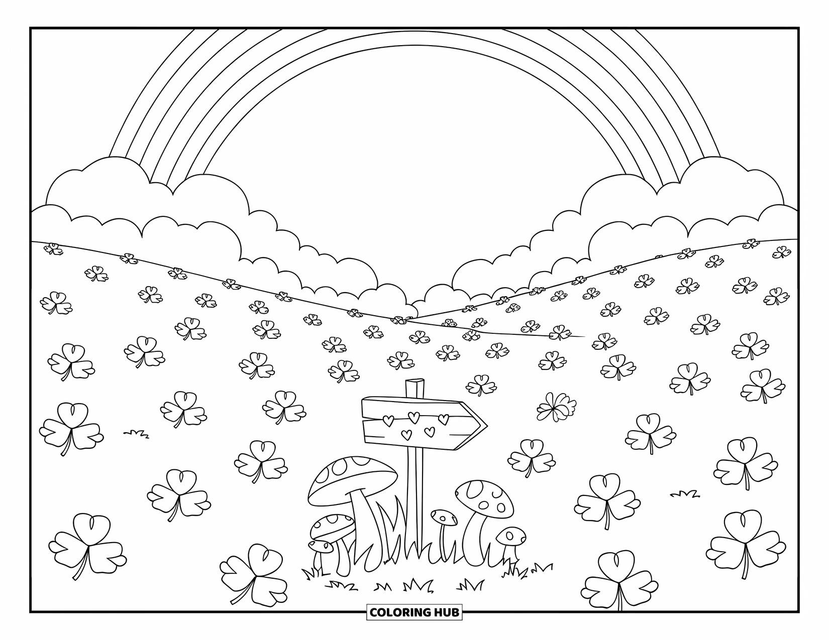 Shamrock Coloring Page for Kids: A rainbow arches above a shamrock meadow with mushrooms