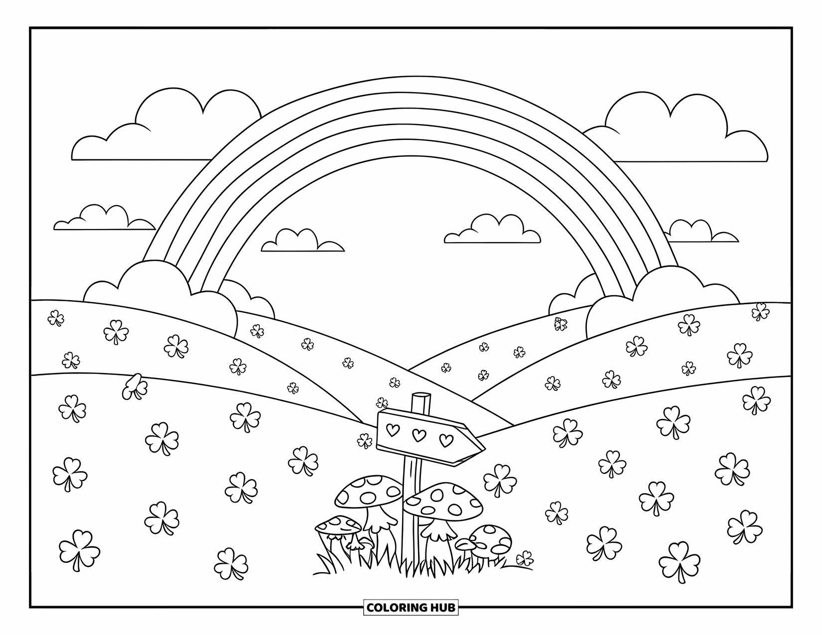 Shamrock Coloring Page for Kids: A rolling field of clovers and a rainbow over the hills