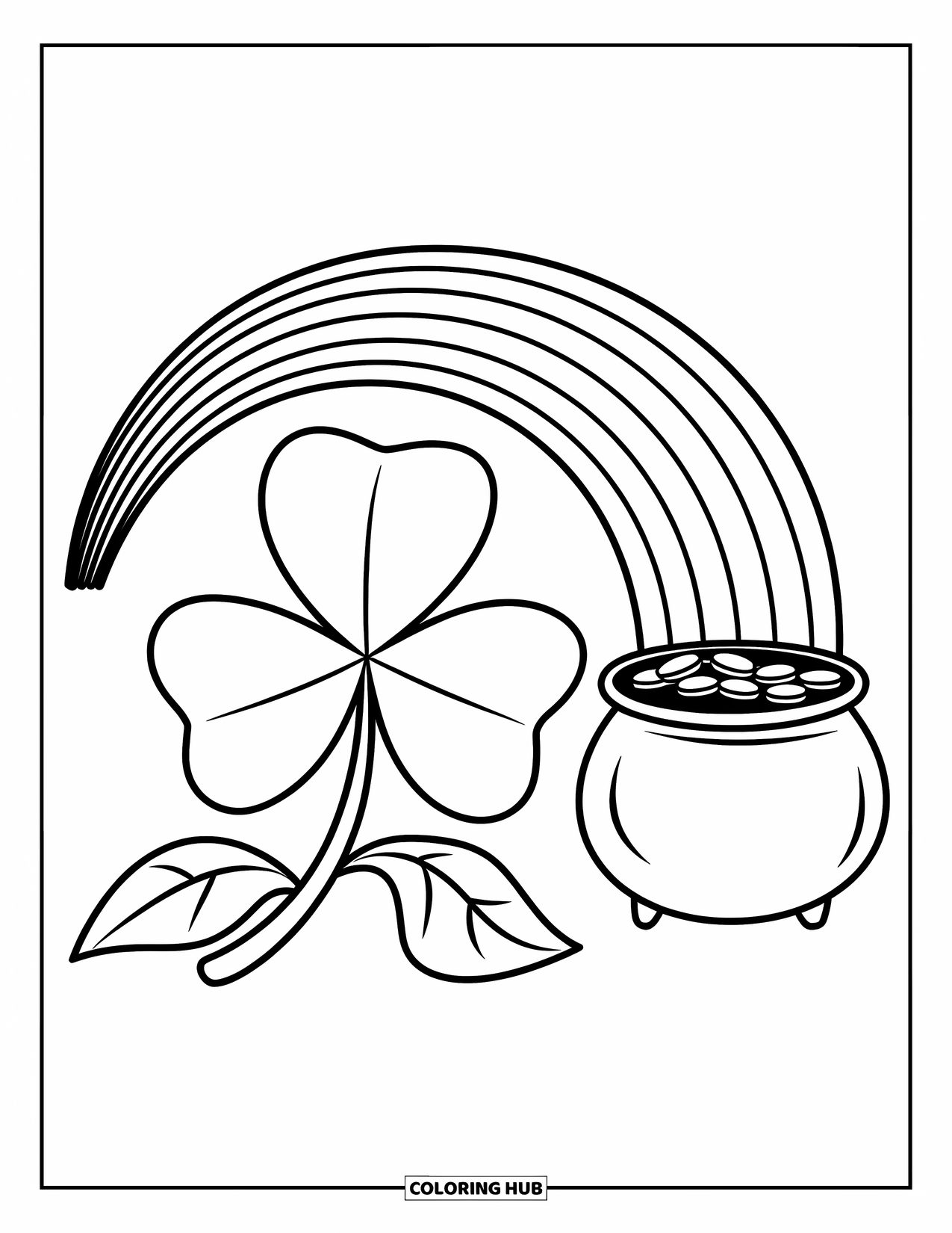 Shamrock Coloring Page for Kids: A shamrock beneath a rainbow leading to a pot of gold