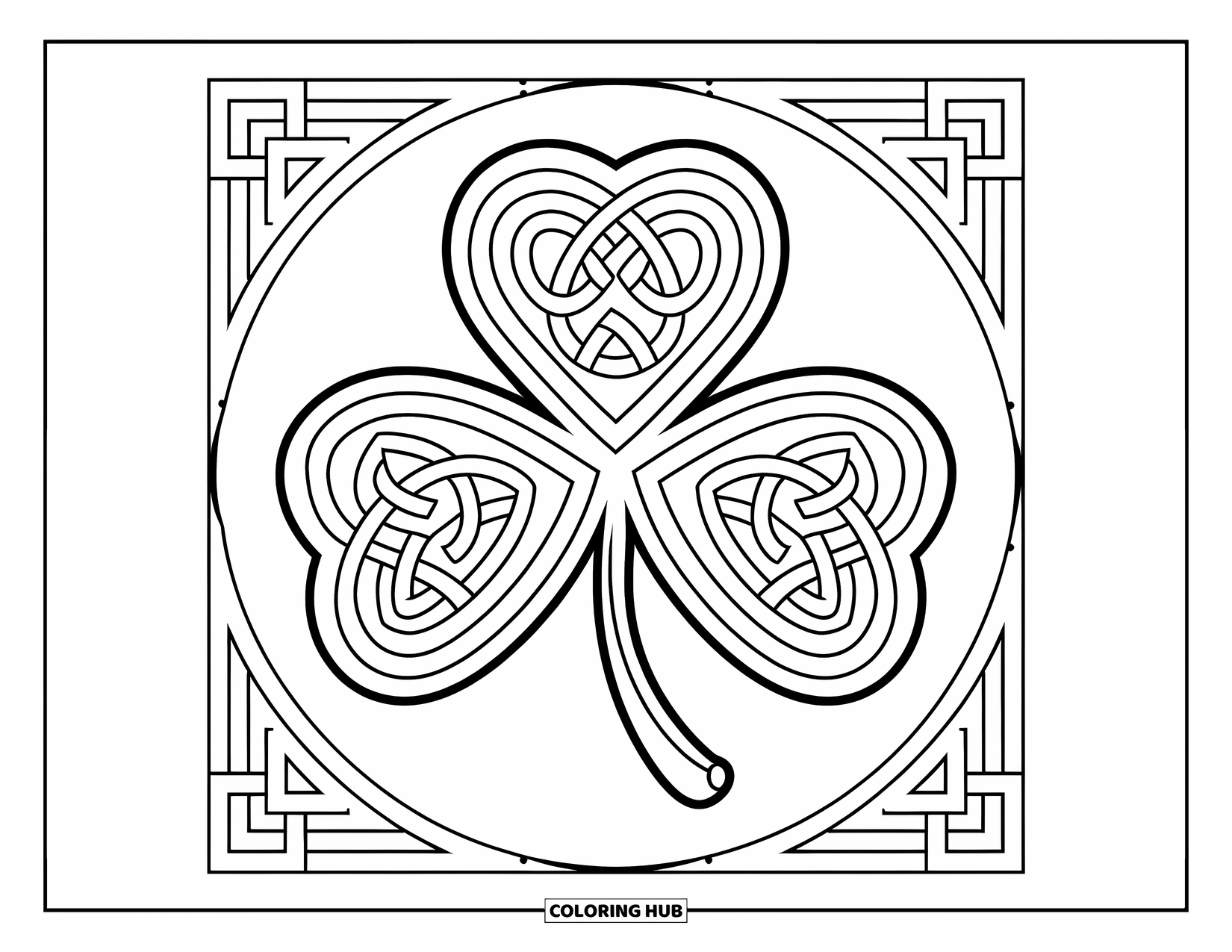 Shamrock Coloring Page for Kids: A shamrock of Celtic knots with triangle and circle accents