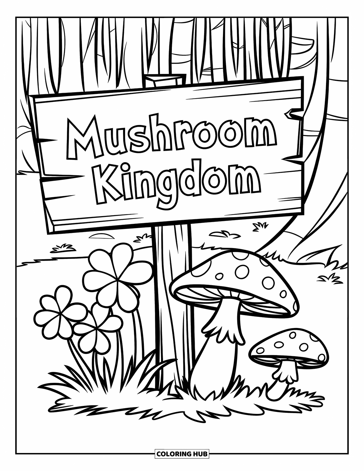 Shamrock Coloring Page for Kids: A shamrock patch grows beside mushrooms and a wooden sign