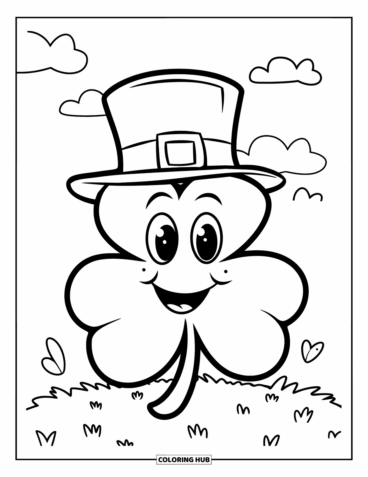 Shamrock Coloring Page for Kids: A smiling shamrock in a leprechaun hat sits on the grass
