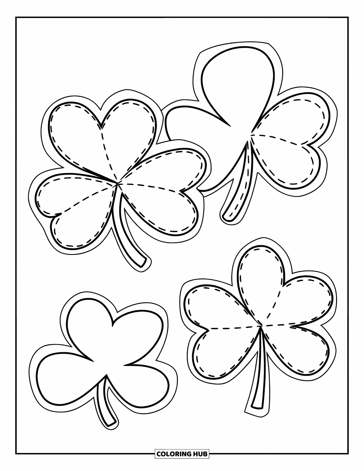 Shamrock Coloring Page for Kids: A trio of shamrocks in different sizes with tracing lines