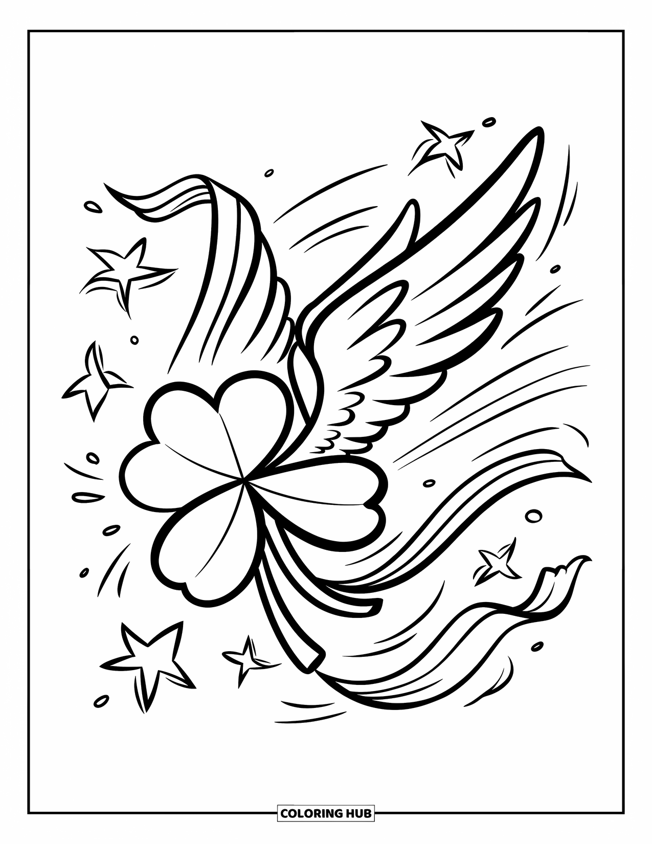 Shamrock Coloring Page for Kids: A winged shamrock flies through the sky with ribbons and stars