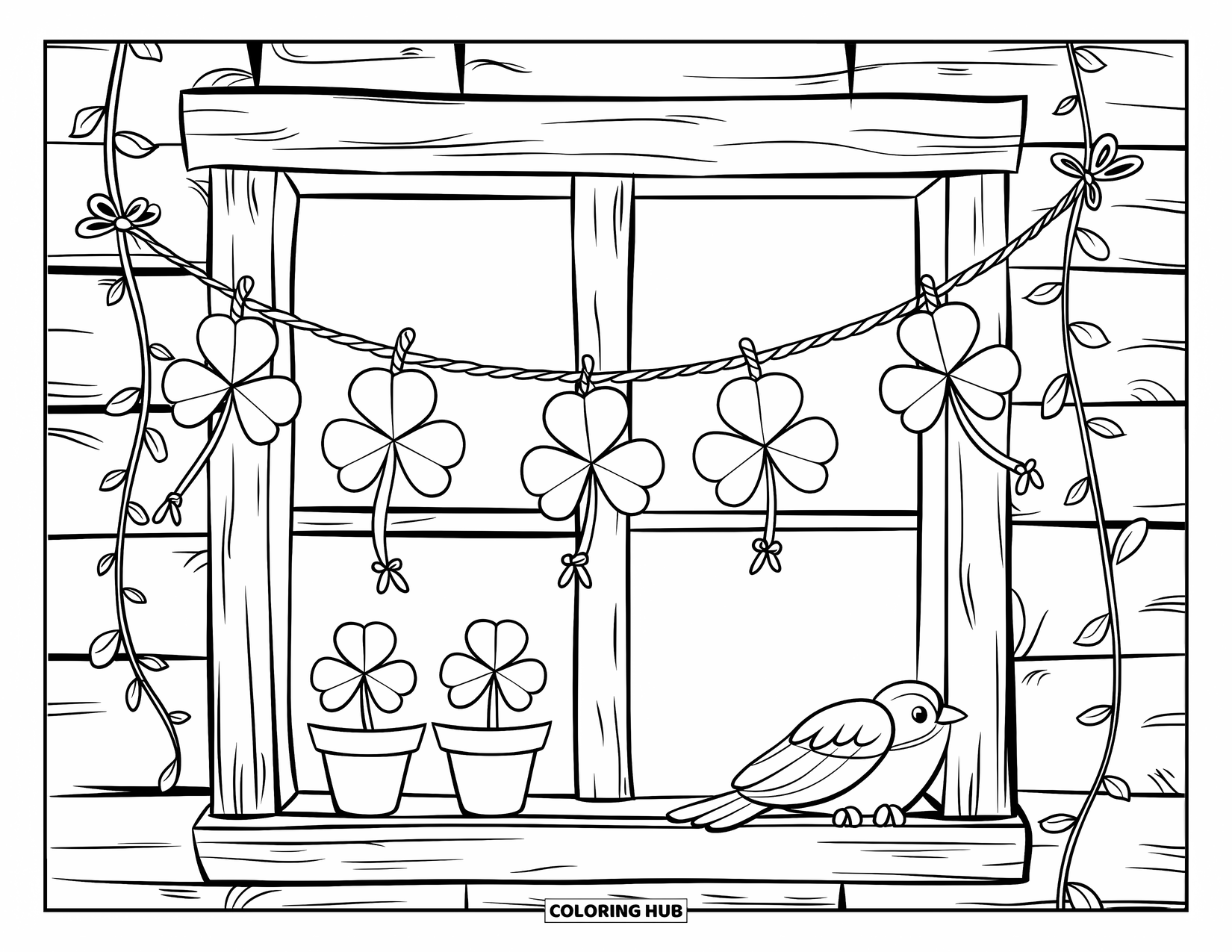 Shamrock Coloring Page for Kids: A wooden window with shamrocks and a bird on the sill