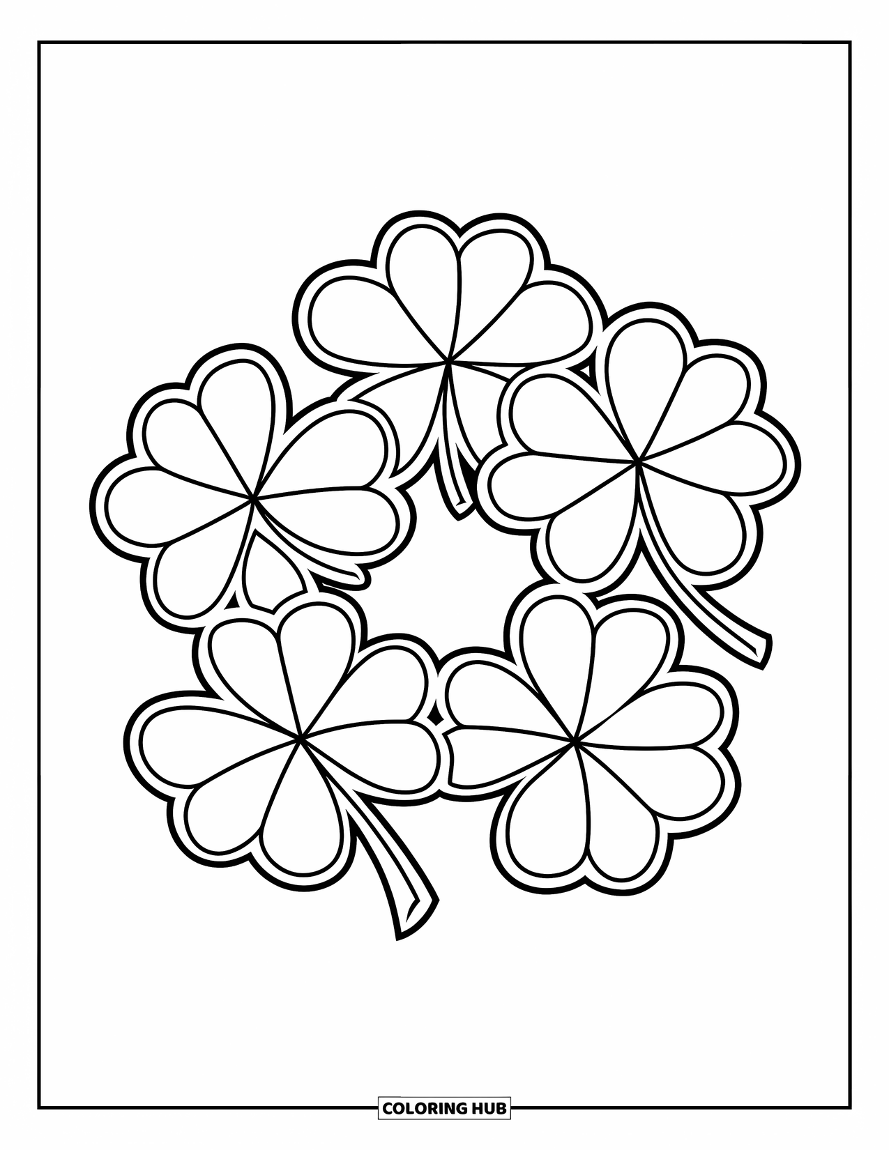 Shamrock Coloring Page for Kids: A wreath of four clovers drawn in bold, clean lines